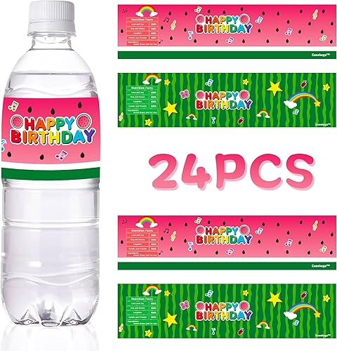 24 etiquetas para botellas de agua de fiesta de melón de dibujos animados para niños y niñas, suministros de fiesta de cumpleaños, calcomanías de