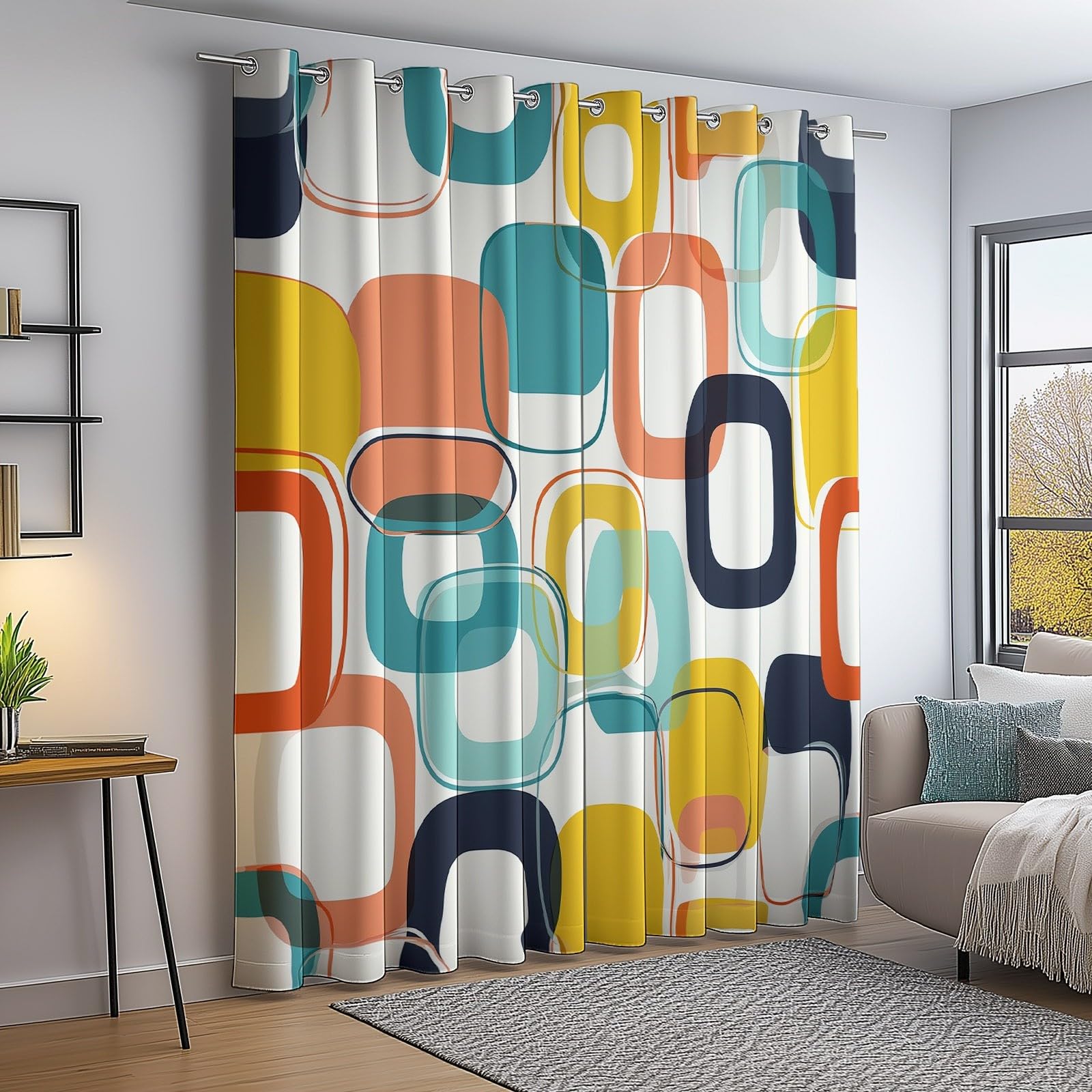 Rideaux Occultants Isolants Anti-Froid 91.5L X 160H cm (2 Panneaux), Design Géométrie Rétro Élégante, Tenture à Œillets Opaque pour Salon et Chambre, Coloré