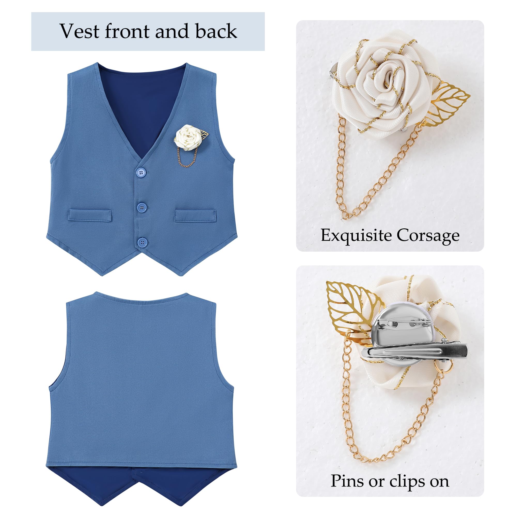 WESIDOM Conjunto de ropa formal para niños pequeños, camisa de vestir + pajarita + chaleco + ojal + pantalones de tirantes para niños