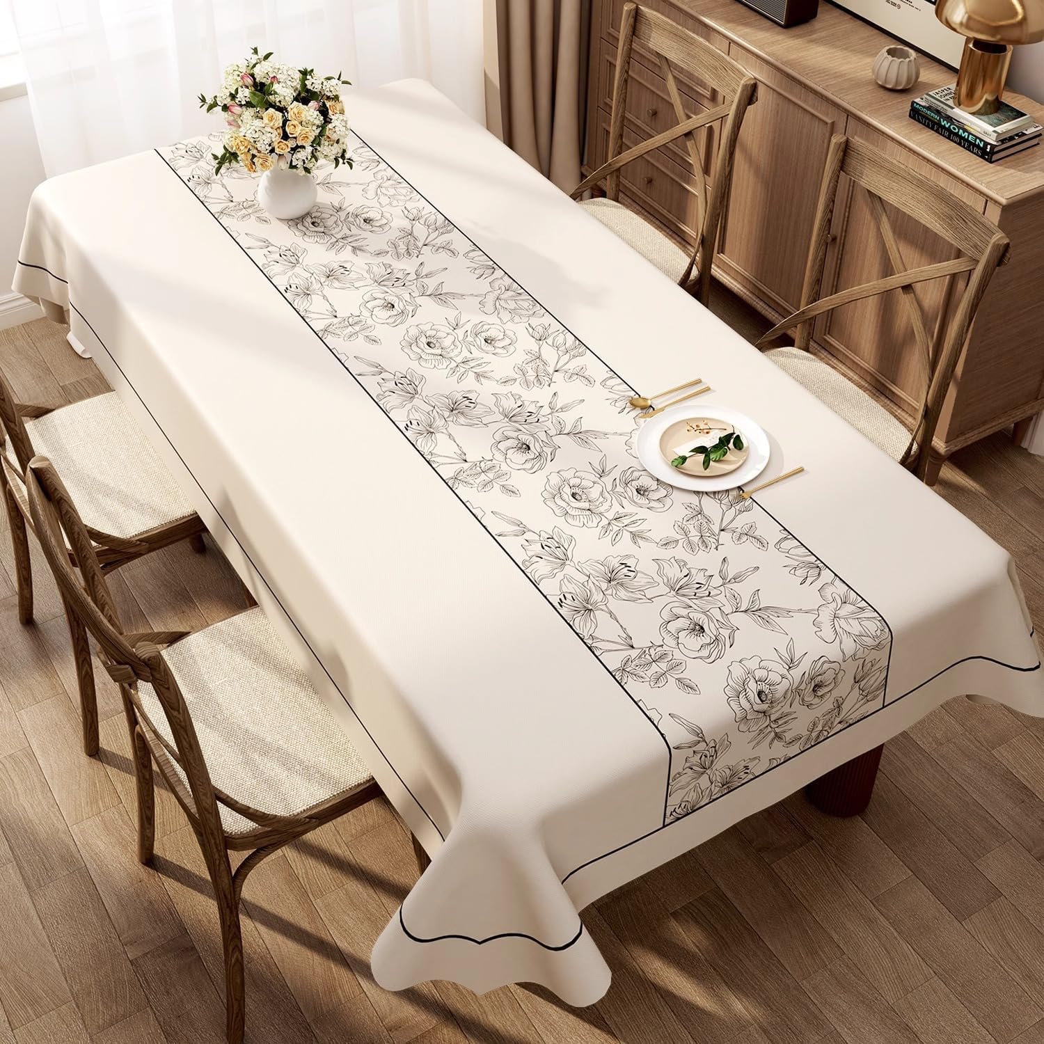 KIJyfgTR Rectangular Plastic Table Cover, Ideal For Outdoor Garden Parties(Beige White,90x140cm)