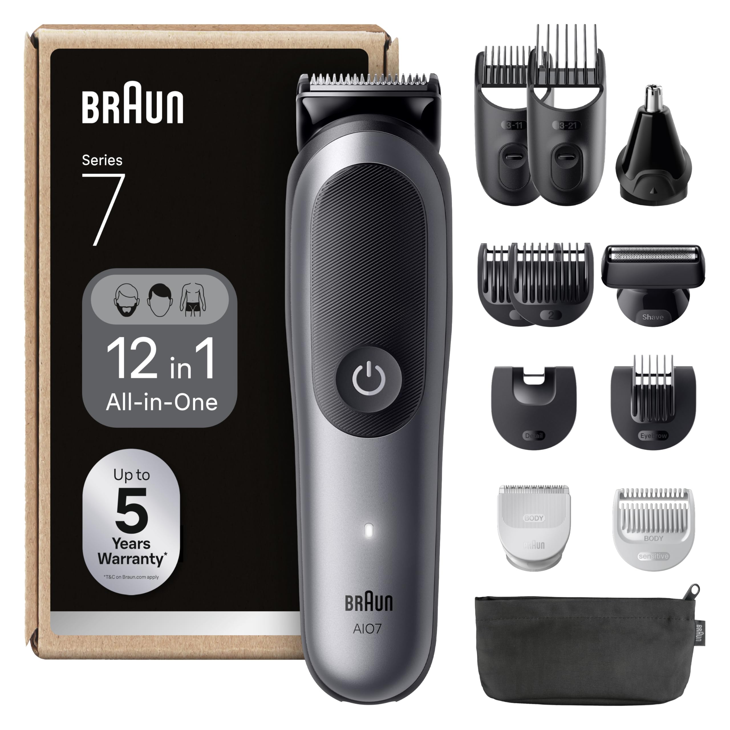 Braun Series 7 All-in-One Clipper, 12-in-1 Kit, ProBlade AutoSense, 120 Min Runtime, SkinGuard Protection, Gradient Beard, Convenient AquaGrip Handle Underwater, AIO7545, Grey