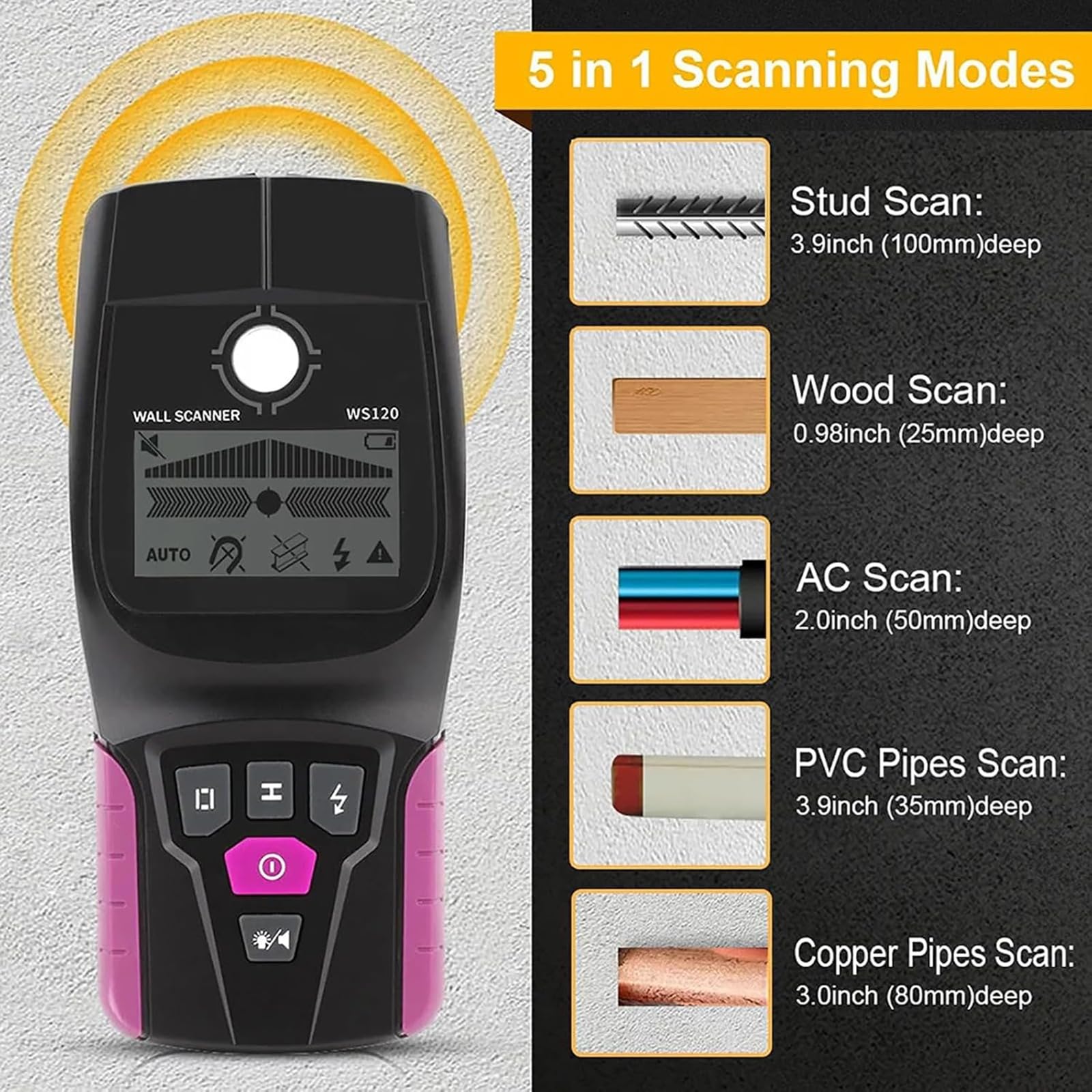 Escáner de pared multifuncional, detector para metal, madera, cables vivos y tubos de PVC, encuentra cables de CA ocultos y más, ideal para proyectos de mejora del hogar