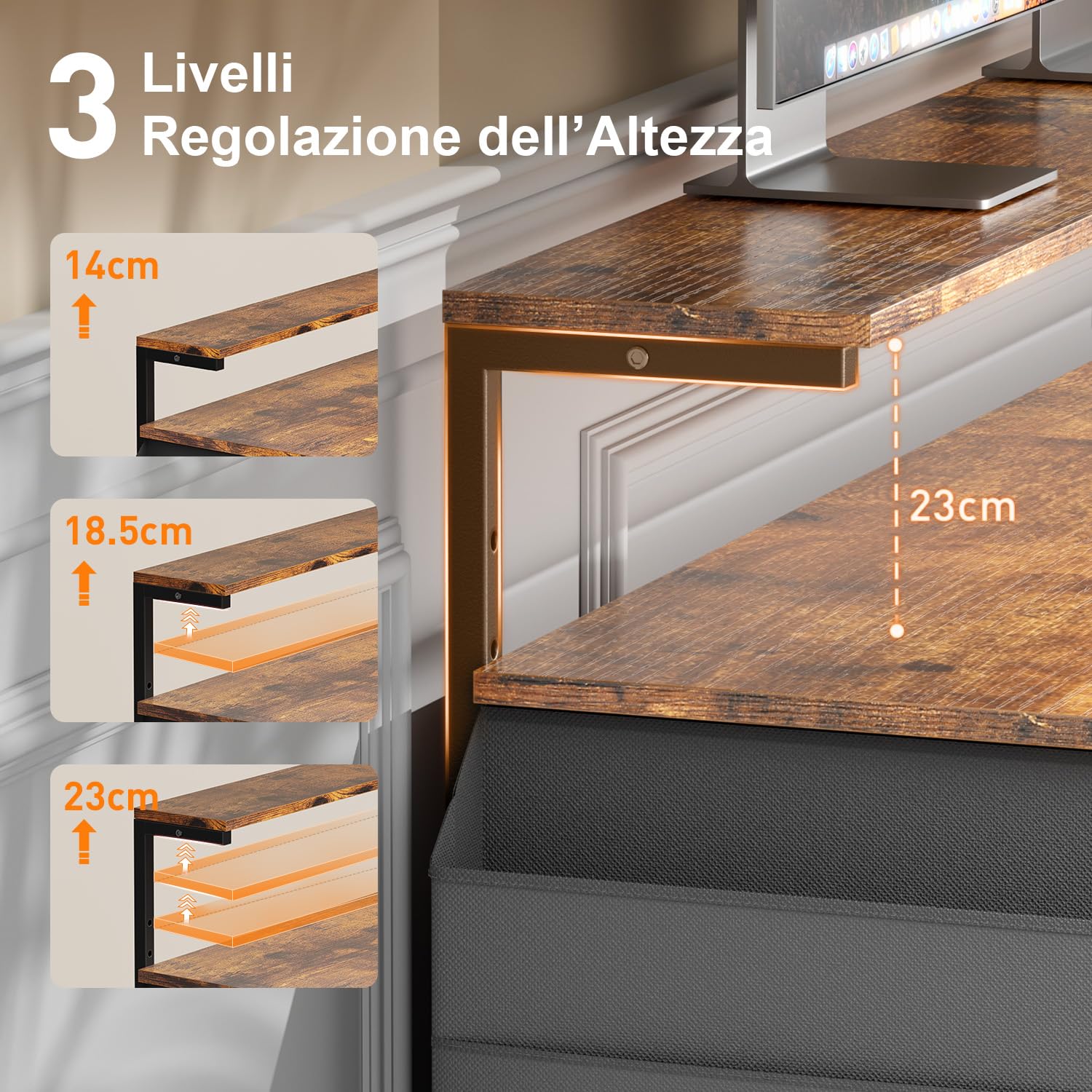 SOLAVERO Scrivania, 100 x 48 cm Scrivania Computer Piccola con Supporto per Monitor, tavolo gaming con Borsa Portaoggetti, Scaffali Regolabili, per Ufficio Domestico, Studio e Gioco, Marrone