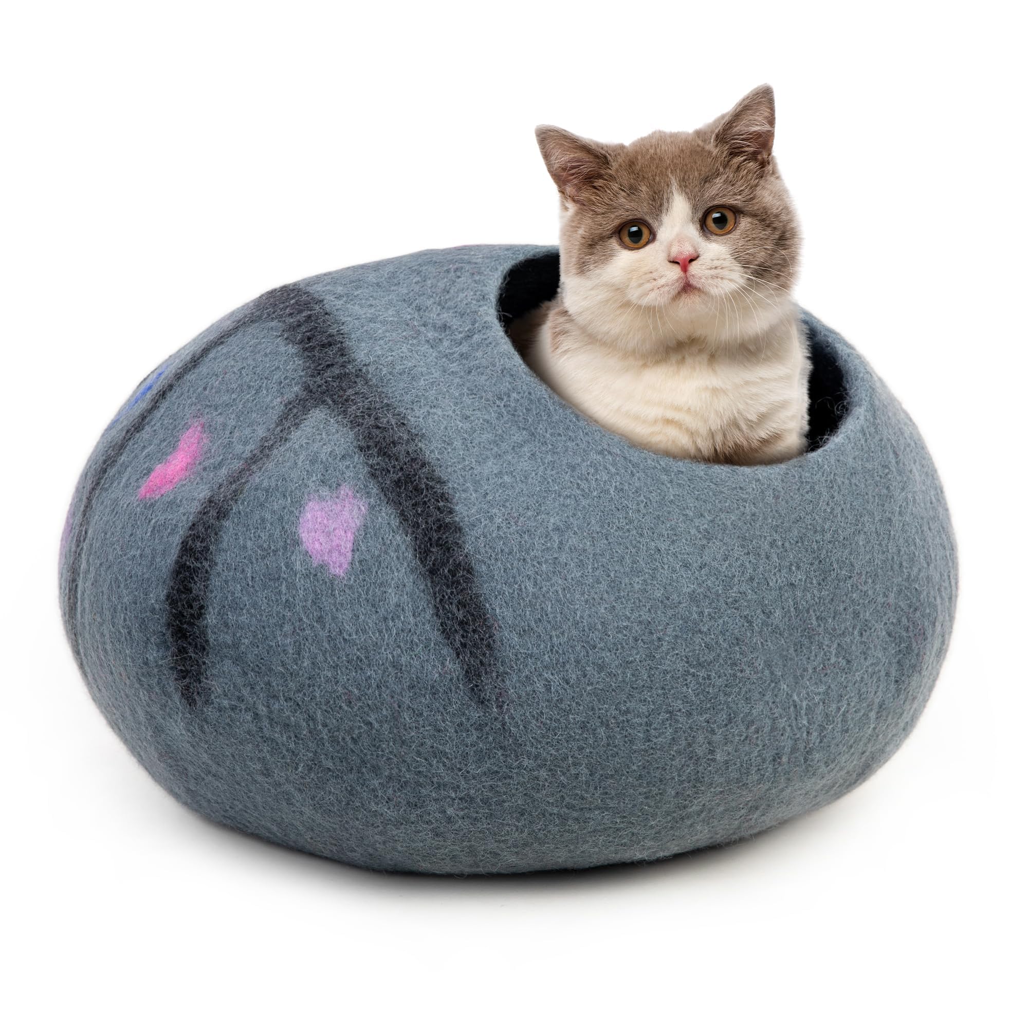 Grotta per gatti in lana, taglia media, realizzata a mano in 100% lana merino ecologica, per gatti e gattini da interni (albero incantato)