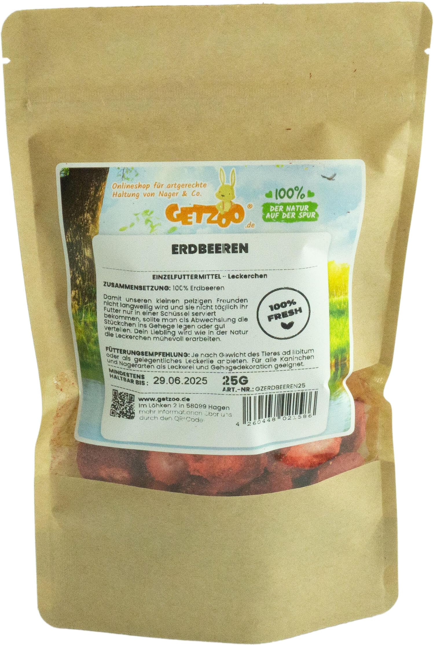 Getzoo Truskawki 25 g – delikatnie suszone, duże kawałki, naturalne przekąski dla gryzoni, bogate w witaminy smakołyki dla chomików, myszy i małych zwierząt
