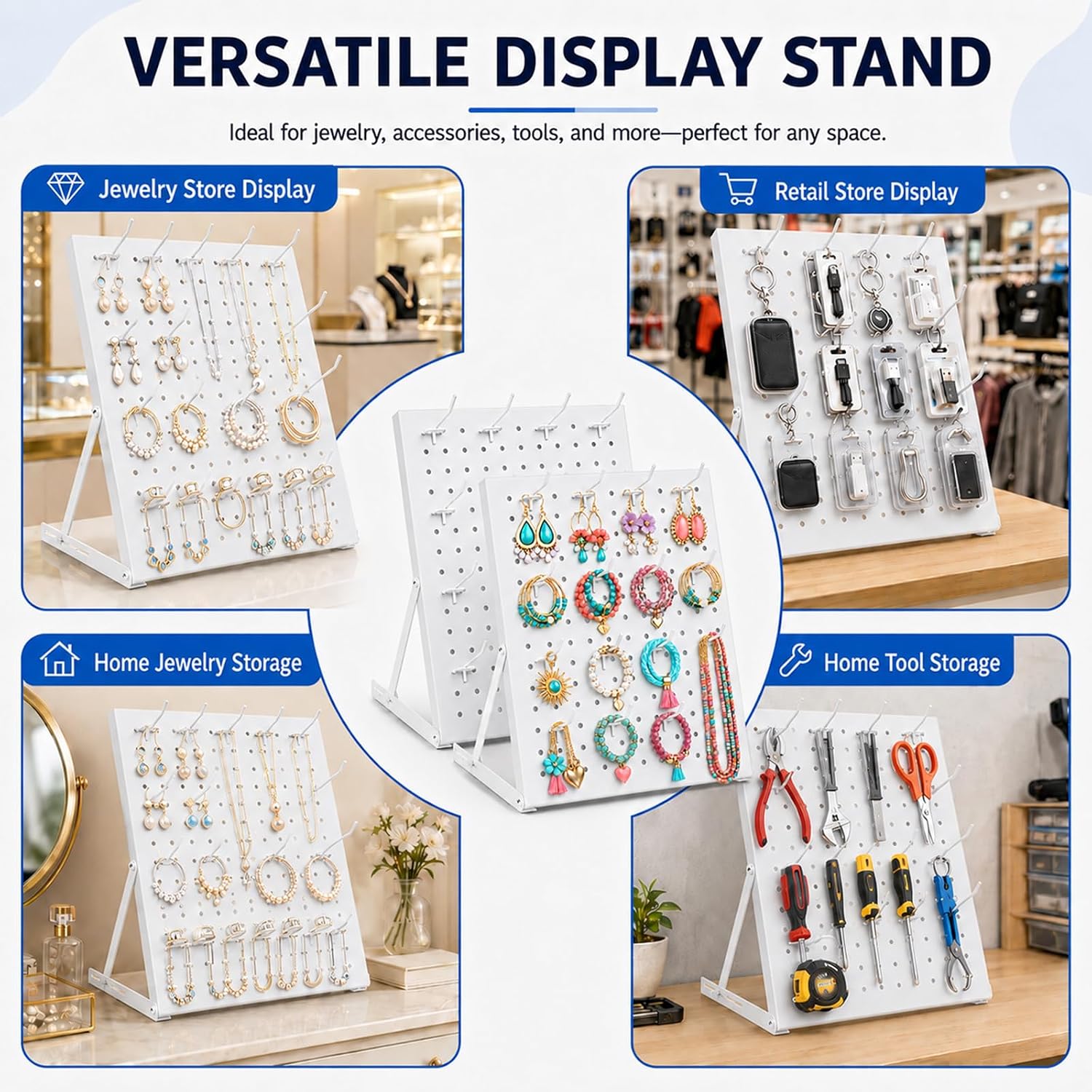 2 Pack Pegboard Display Stand, Metal Peg Board with 32 Hooks, Adjustable Angle & Foldable Design, Thick Steel Panel, Durable Tabletop Rack 16''x12'' for Vendor Display, Craft Show, Jewelry Display (white)