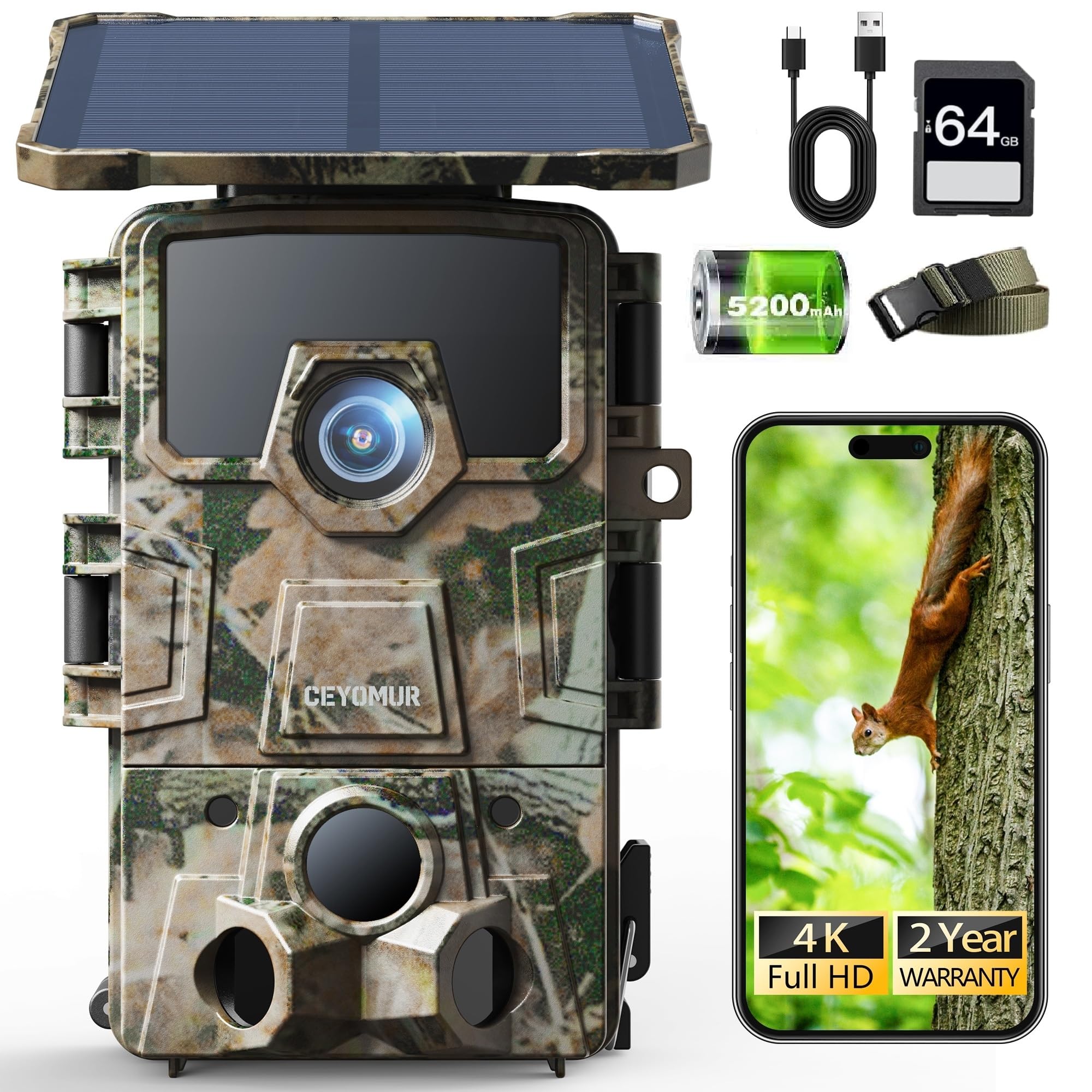 CEYOMUR 4K UHD Solar Wildlife Camera, WiFi 6 Trail Camera with 5200mAh Lithium Battery Rechargeable, Deer Camera with 64GB TF Card, 120° Detection Angle Night Vision Motion Activated