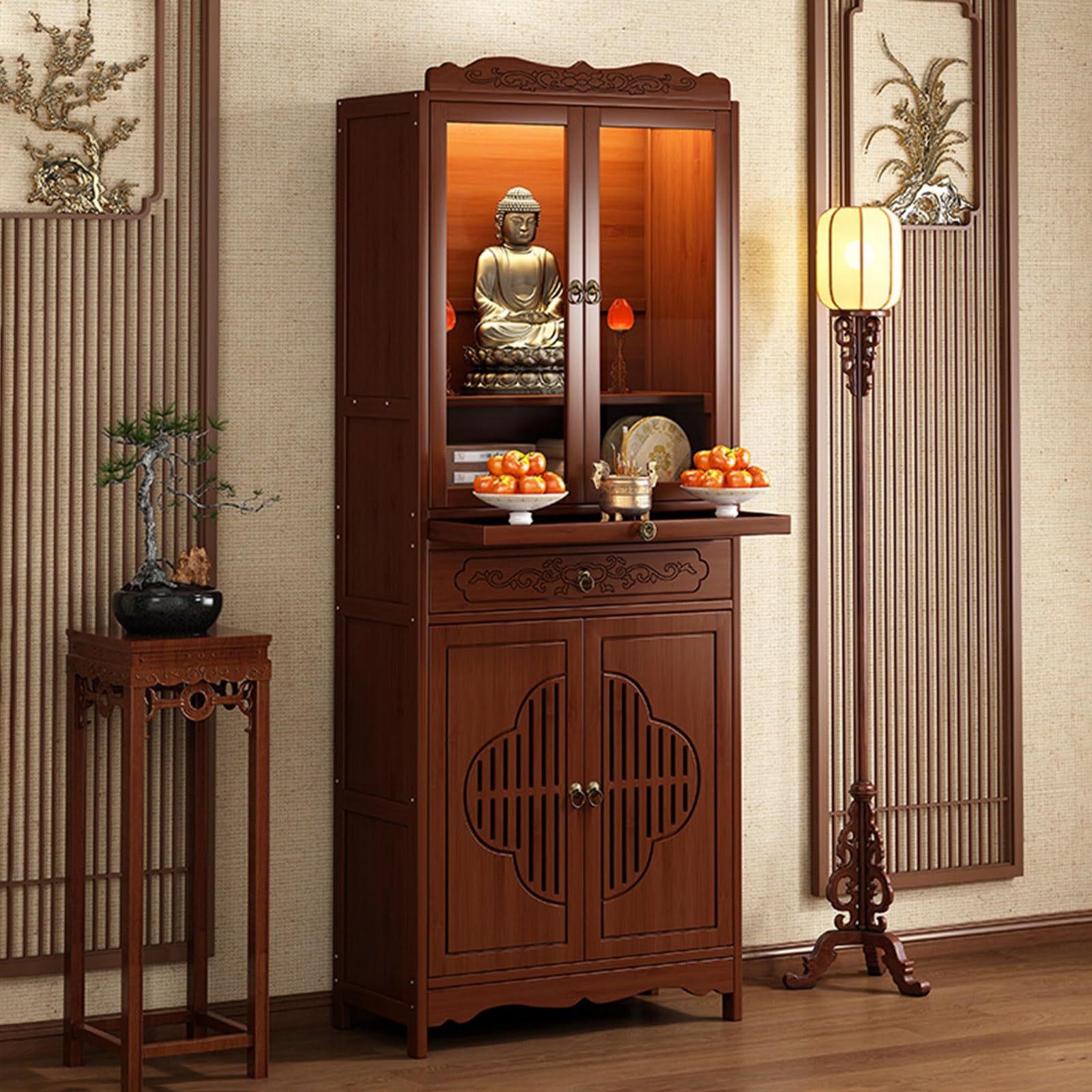 Mesa de Altar Budista Vintage – Soporte para Santuario Personal, Mesa de meditación de bambú para Pooja, Altar Budista doméstico, Mueble para Templo (26,8 * 13 * 66,9 Pulgadas)