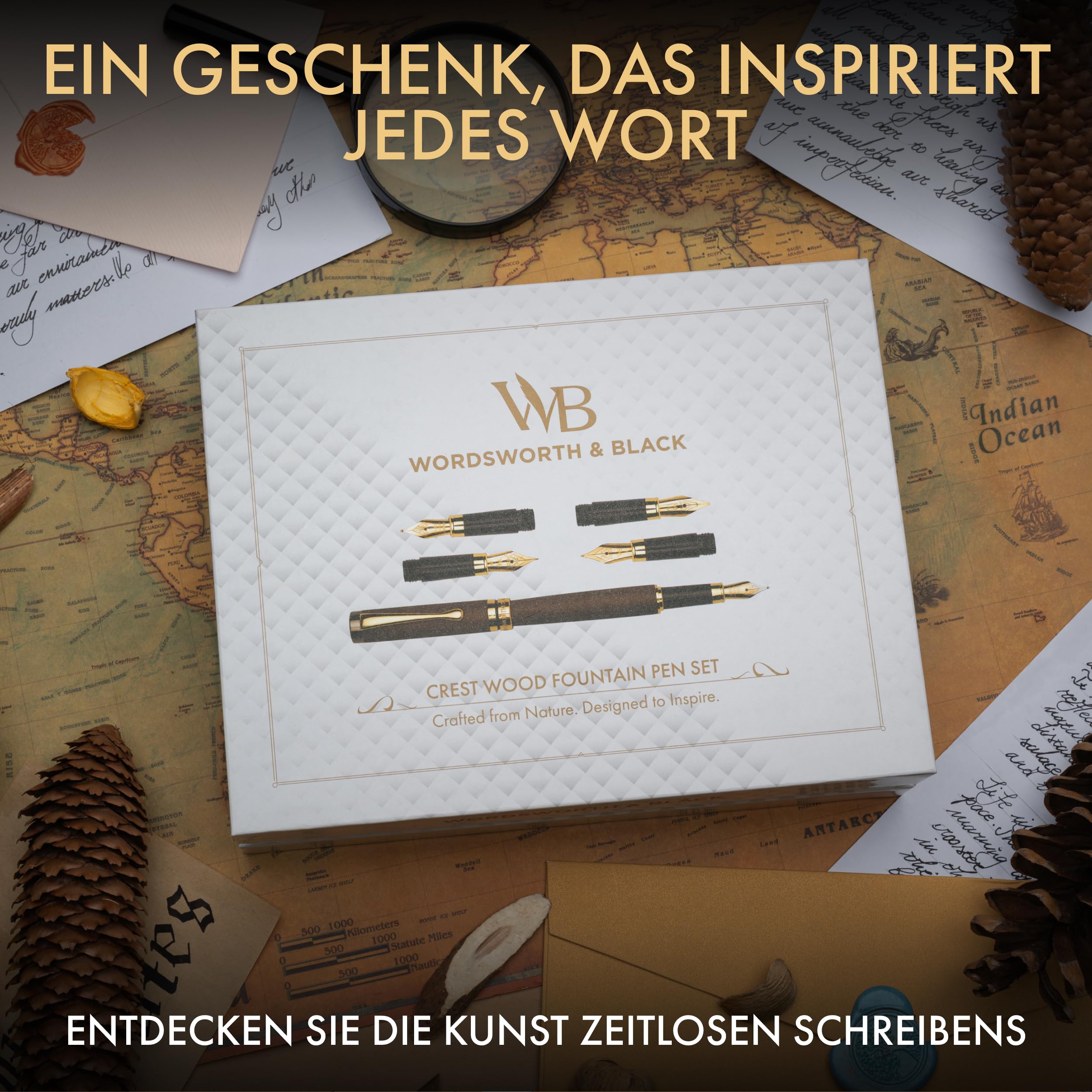 Wordsworth & Black Füllfederhalter-Geschenkset Holz, Bambus, 4 Federn | Füllfederhalter, Kalligrafie, Tintenfass + 6 Tintenpatronen, Konverter, Journaling, Geschenk für Männer & Frauen, Hochwertig