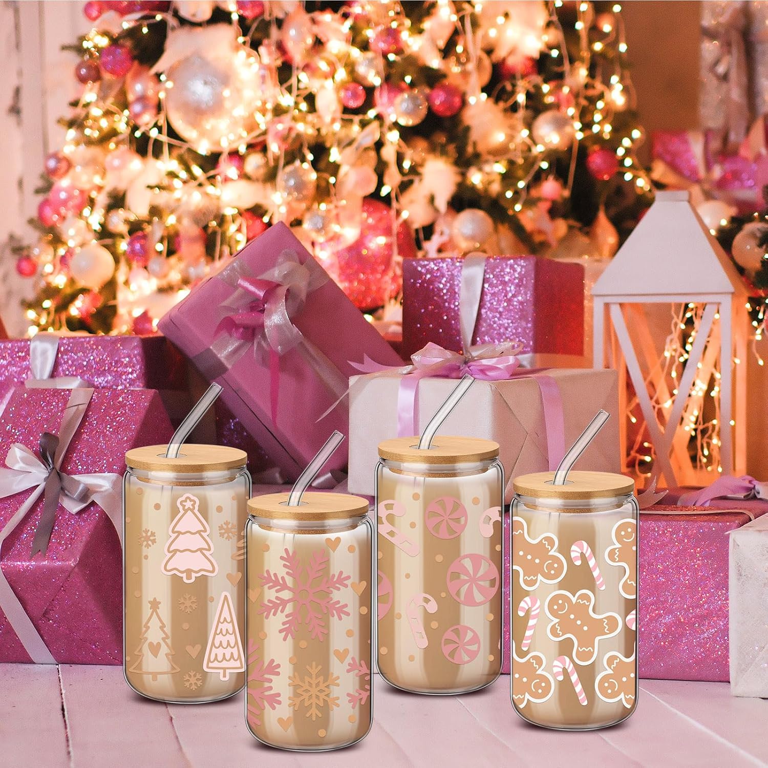 4 Pcs Christmas Glass Cups with Lids and Straws 16 oz Christmas Drinking Glasses Iced Coffee Cups Xmas Can Shape Mug Tumbler for Xmas Appreciation Gifts Birthday Party Favors(Pink)