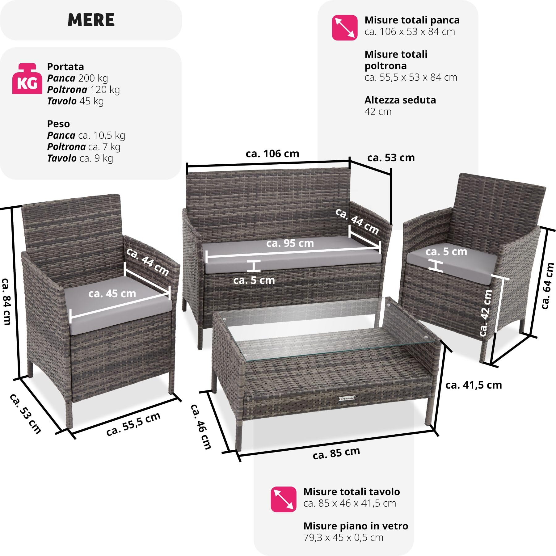 Tectake Set Mobili da Giardino in Polyrattan con Tavolino Vetro, Panca e Sedie con Cuscini - Grigio