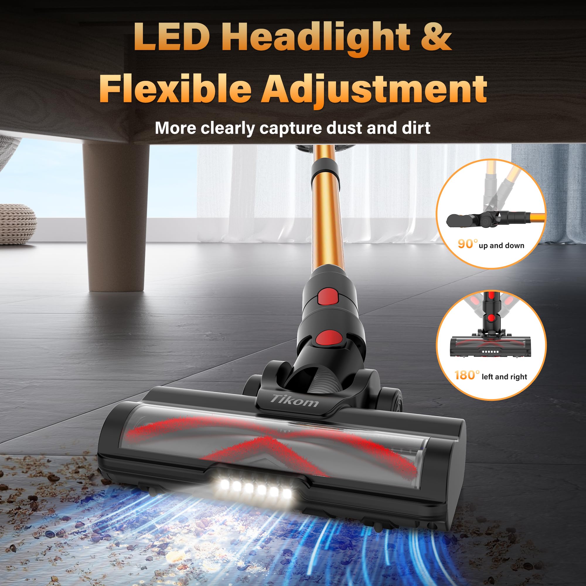 Tikom V500 Cordless Vacuum Cleaner for Home, 40000Pa/450W Stick Vacuum with LED Touch Screen, Charging Wall Dock, Anti-Tangle, Lightweight Handheld Vacuum for Pet Hair, Hard Floor, Carpet view 8