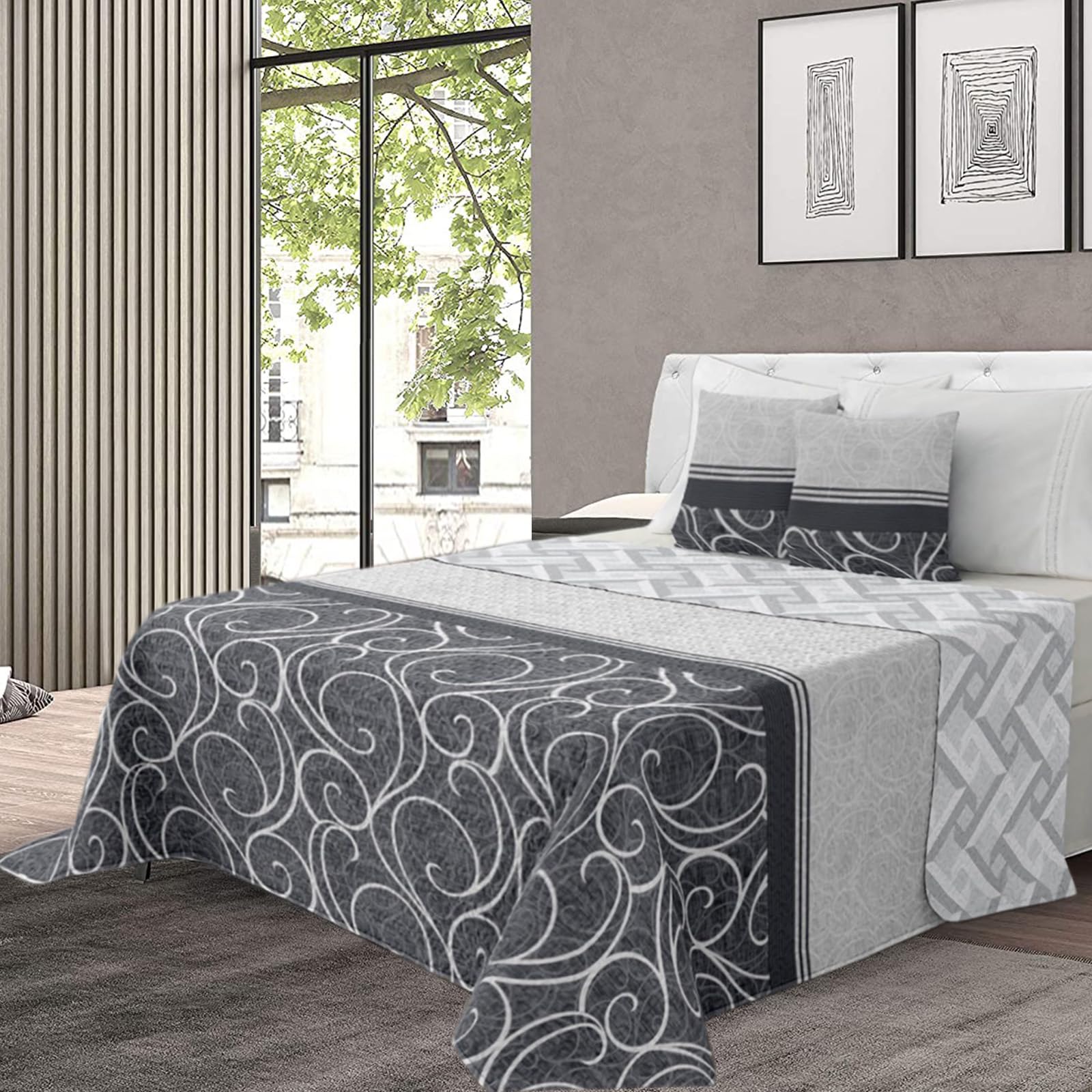 various - Colcha Bouti Estempada para Verano y Premivera,Reversible Color de Gris + 2 Funda Cojin 50x70 cm,Colcha Cubrecama Ligera Fina,Entretiempo 100% Poliéster. (Cama 135-230 x 260cm)