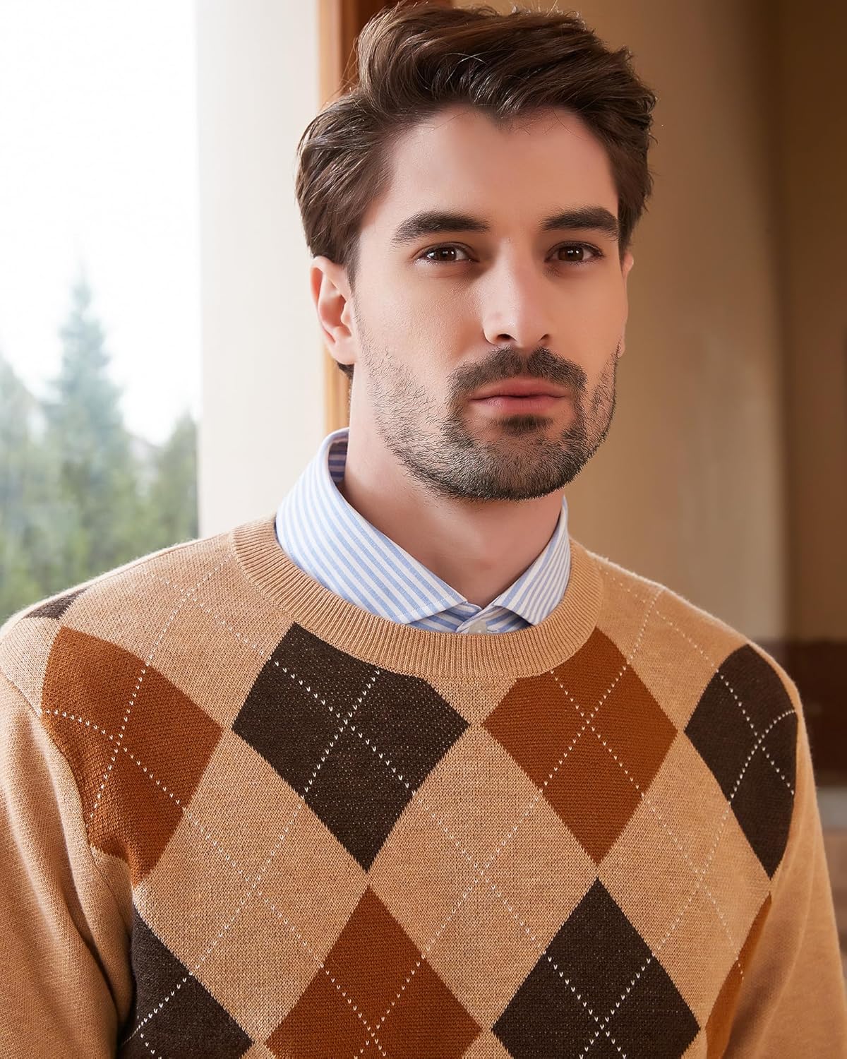 Kallspin Men's Wool Blend Crewneck Sweater Argyle Long Sleeve Pullover Sweater for Casual Or Dressy Wear - Image 3