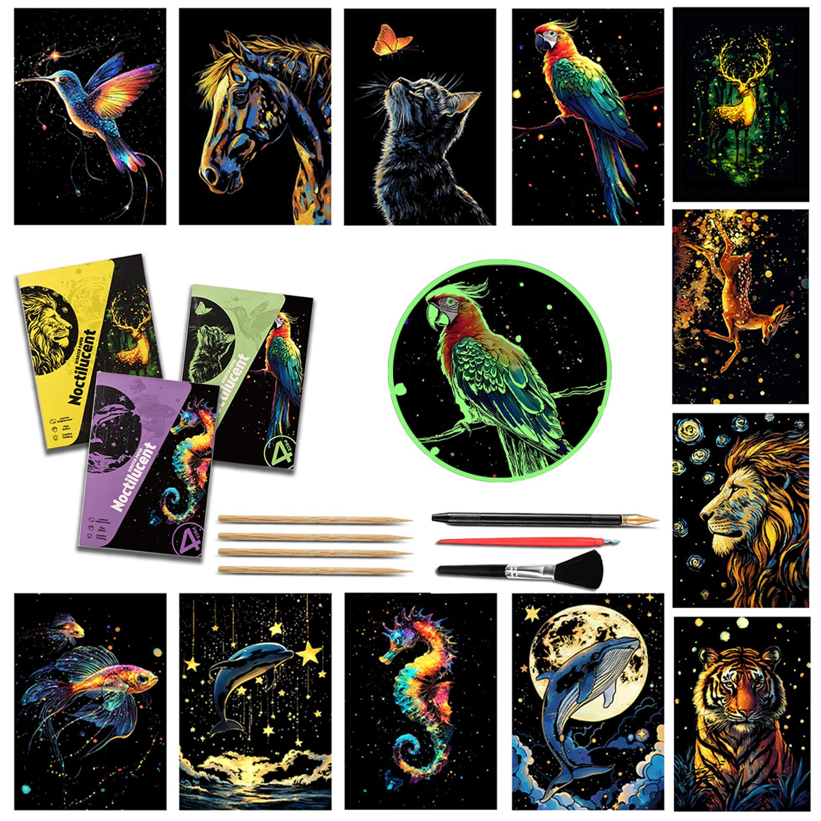 Pintura para rascar el mundo animal: 12 hojas de papel de rascar arcoíris para manualidades