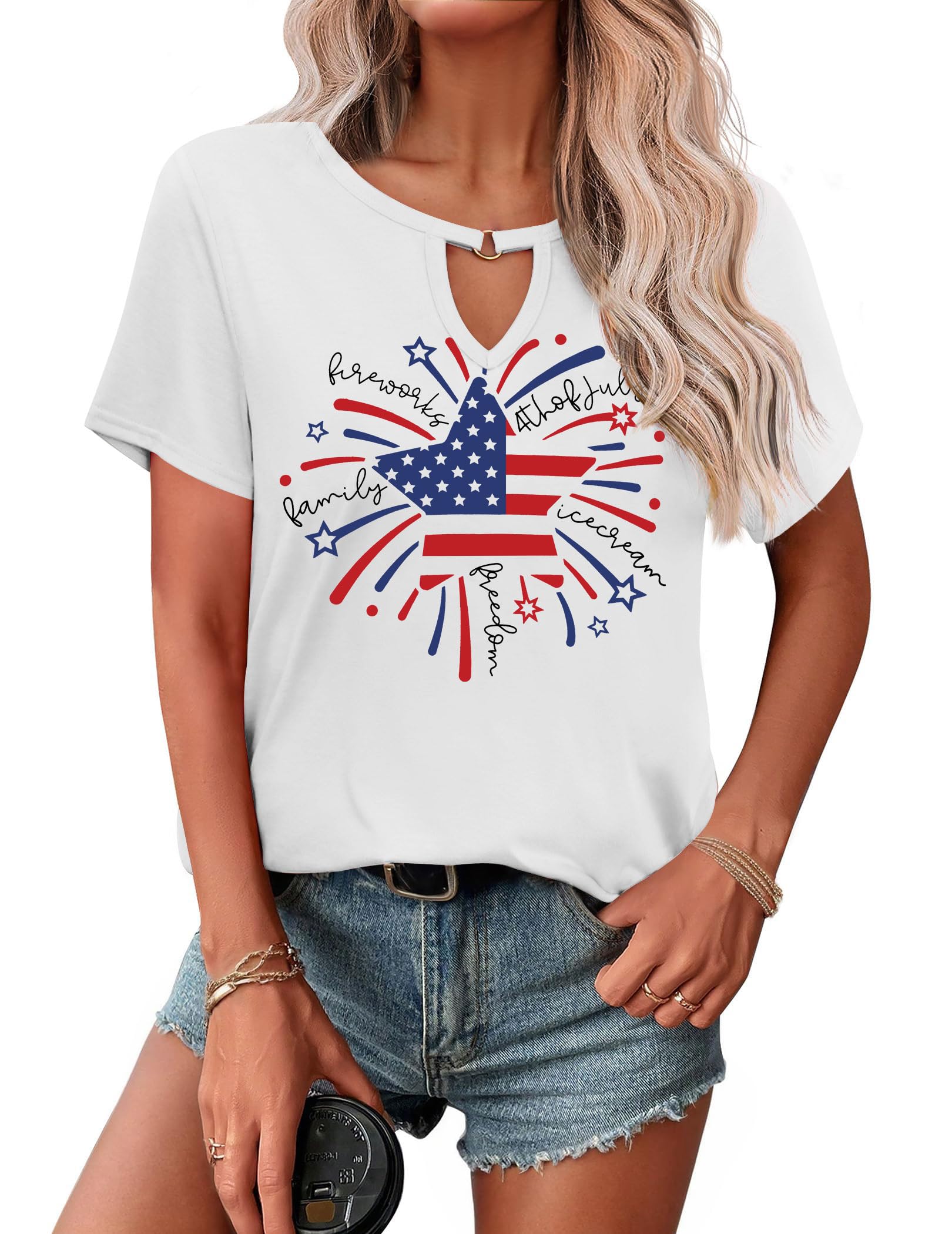 American Flag Shirts Women USA Patriotic Tees 4th of July T-Shirt V-Neck Short Sleeve Graphic Tee Tops