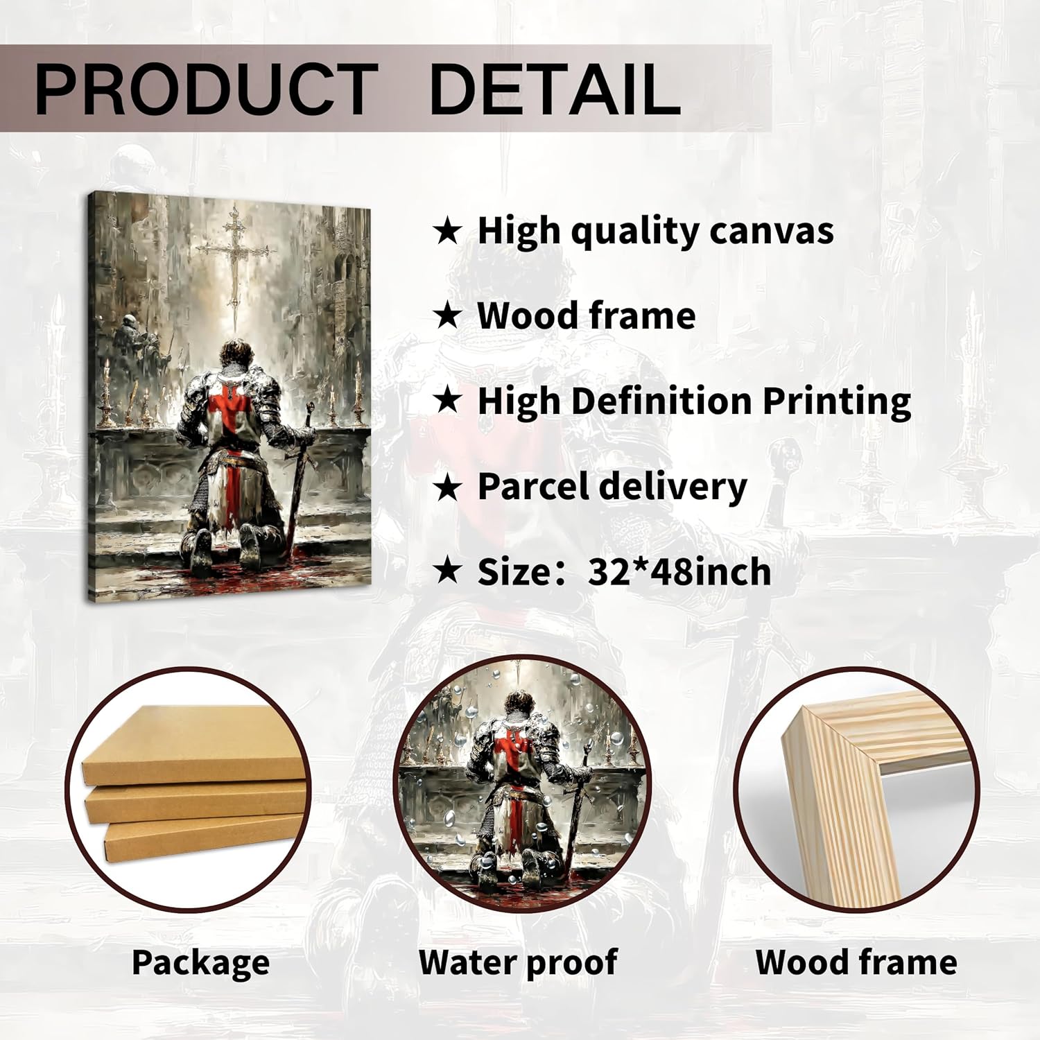 XRZ Medieval Knight Wall Art 32x48 – Extra Large Gothic Warrior Canvas – Oversized Fantasy Wall Decor for Men – Big Man Cave Living Room Artwork