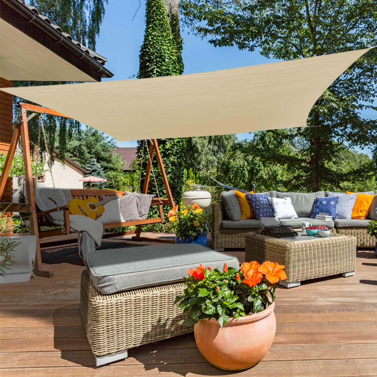 COARBOR 23'x24' Sun Shade Sail with Hardware Kit Rectangle Beige Sunshine Block Fabric Canopy Shade Cover Perfect for Patio Deck Yard Outdoor Garden