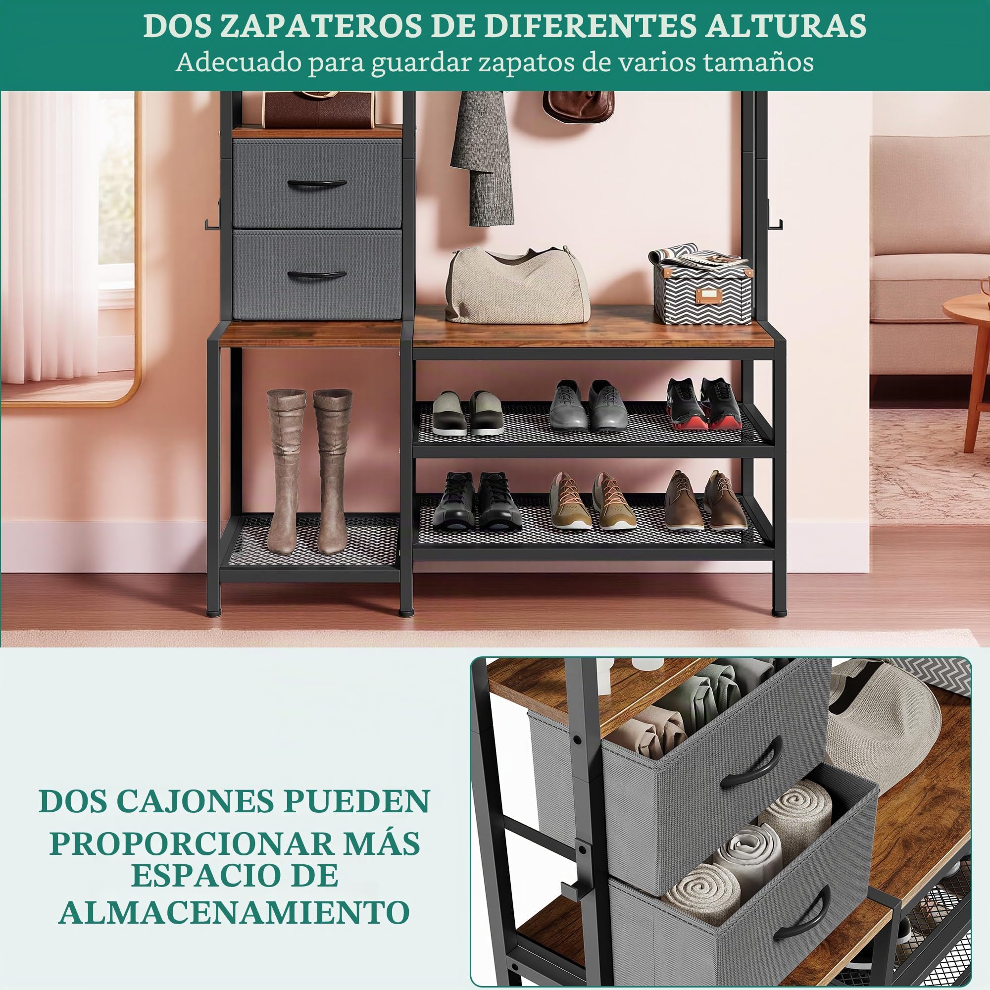 YITAHOME Perchero industrial con 9 ganchos, para pasillo, salón o dormitorio, con estructura de metal
