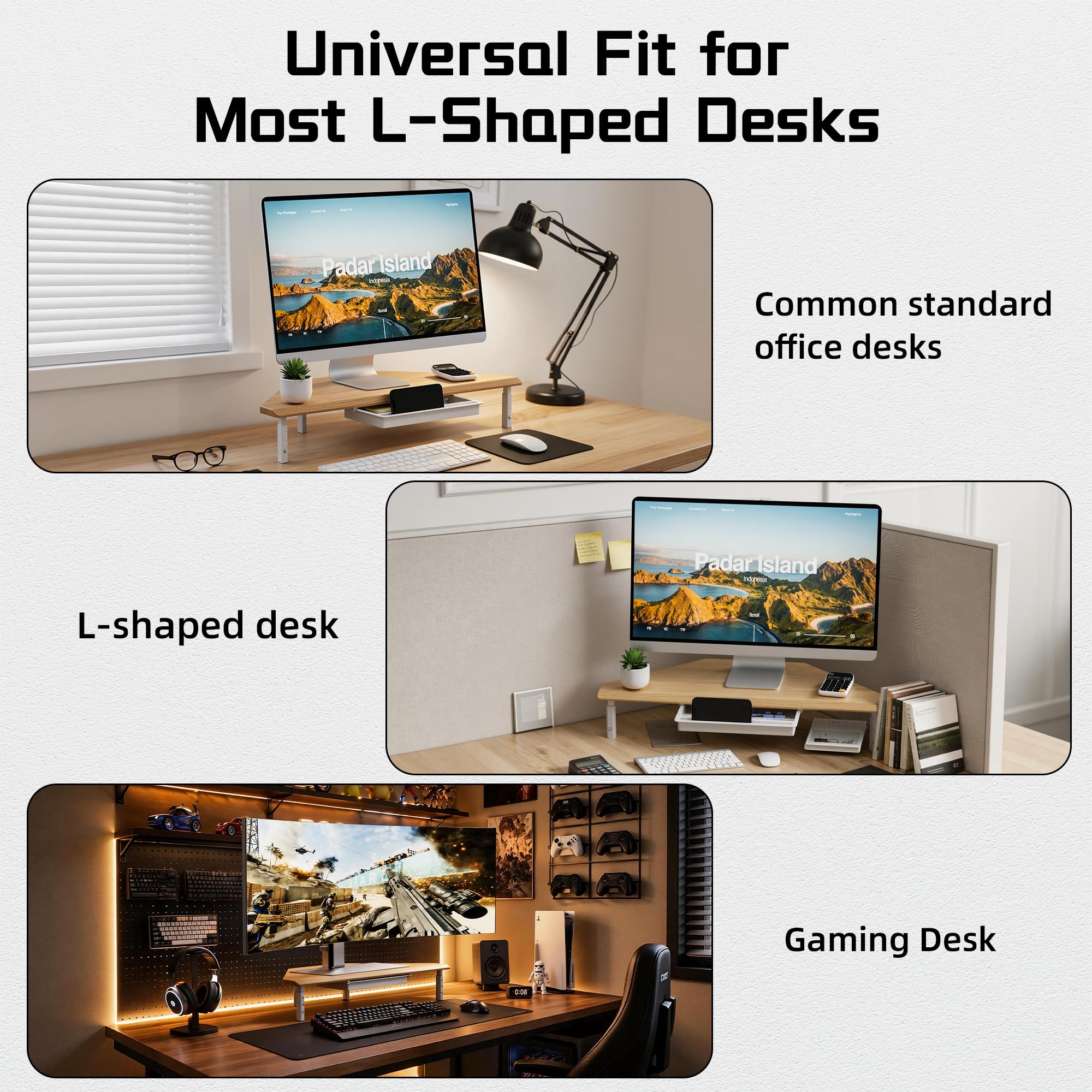 ETHU Supporto triangolare per monitor con cassetto, regolabile in altezza, per PC/laptop, supporto ergonomico per computer desktop, supporta 20 kg, rovere