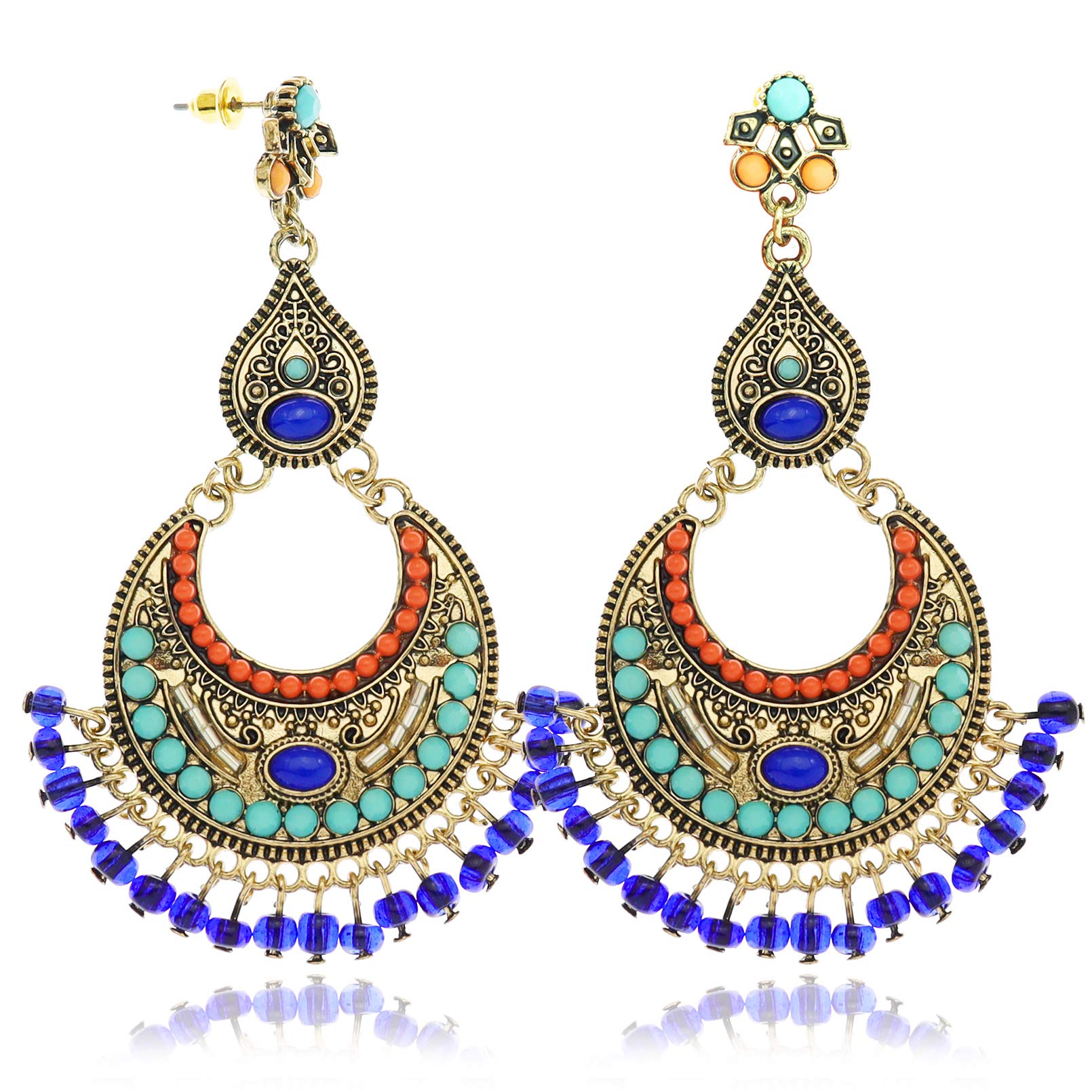 RechicGuWomen Middle East Indian Earrings Tribal Vintage Crescent Moon Blue Stone Jhumki Jhumka Banjara Kuchi Belly Dance Gypsy Oxidized Earrings