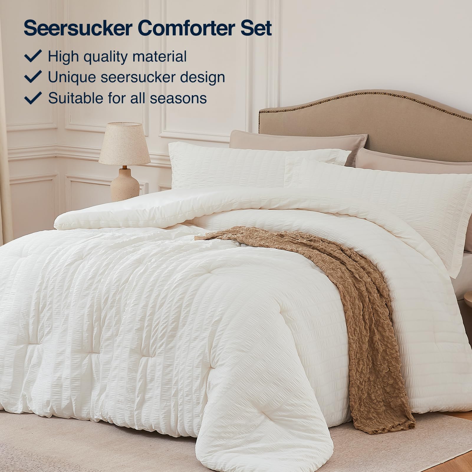 Condition photo showing New/Like New for quataly beige king comforter set - 3 pieces seersucker lightweight bedding comforter sets (1 soft fluffy comforter & 2 pillowcases) - all seasons cozy farmhouse bed sets for women men