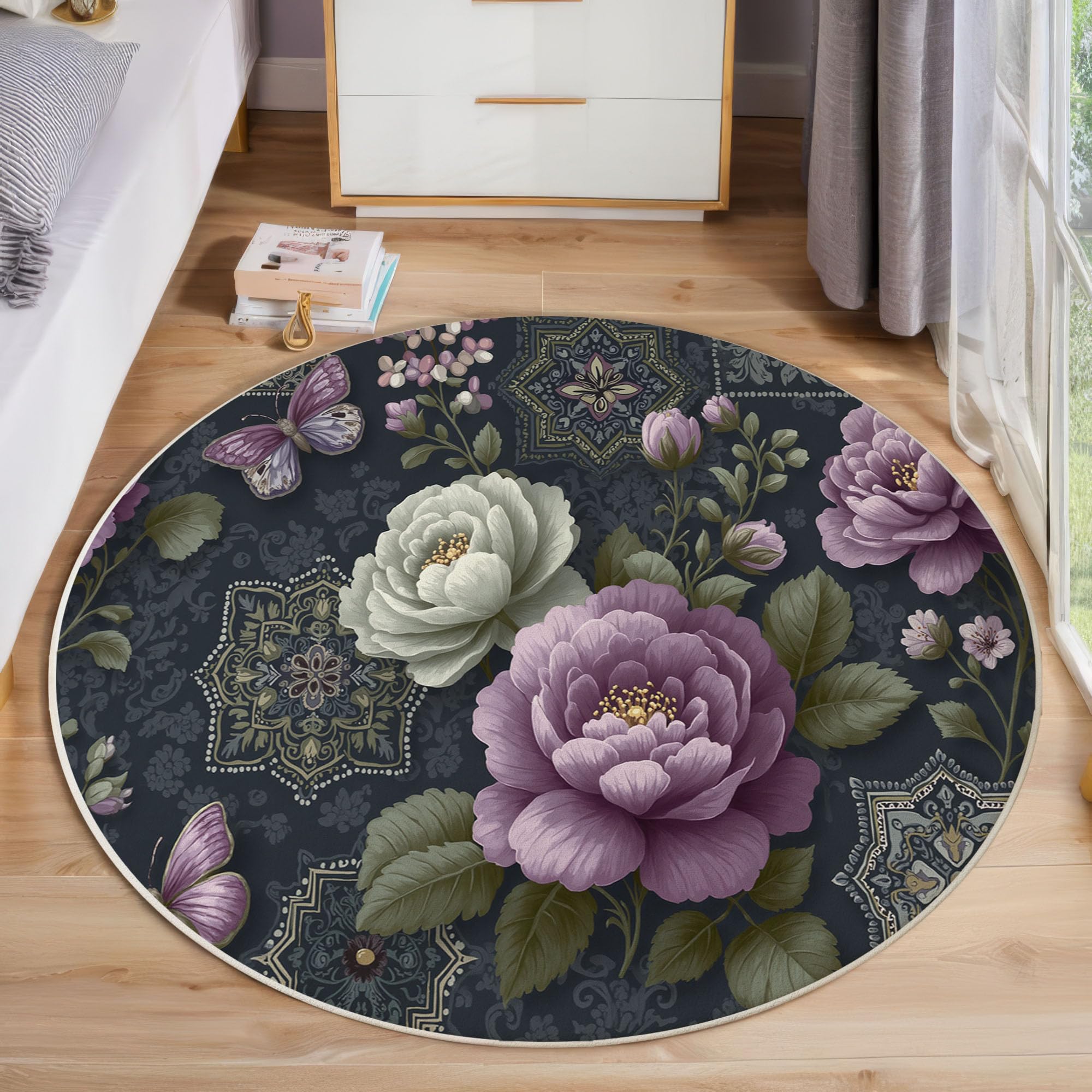 Tapis Rond Salon Papillon Floral Rétro, 200cm Tapis de Sol Mandala Patchwork Antidérapant Doux avec Bords Cousus pour Chambre Bureau L'intérieur Décorer, Gris Anthracite