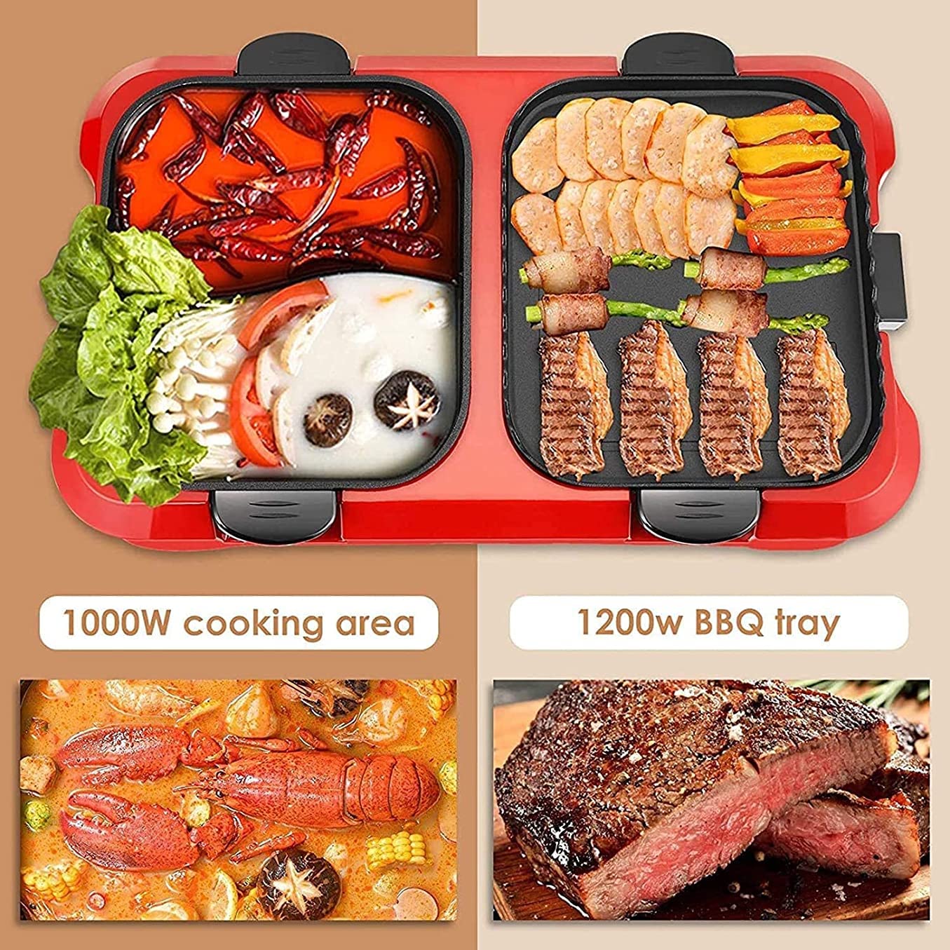 Parrilla Eléctrica Plancha de Asar Parrilla eléctrica multifunción sin Humo para Olla Caliente, Barbacoa 2 en 1, Olla para Hornear de Limpieza extraíble, Control de Temperatura Dual Separado LSDRA