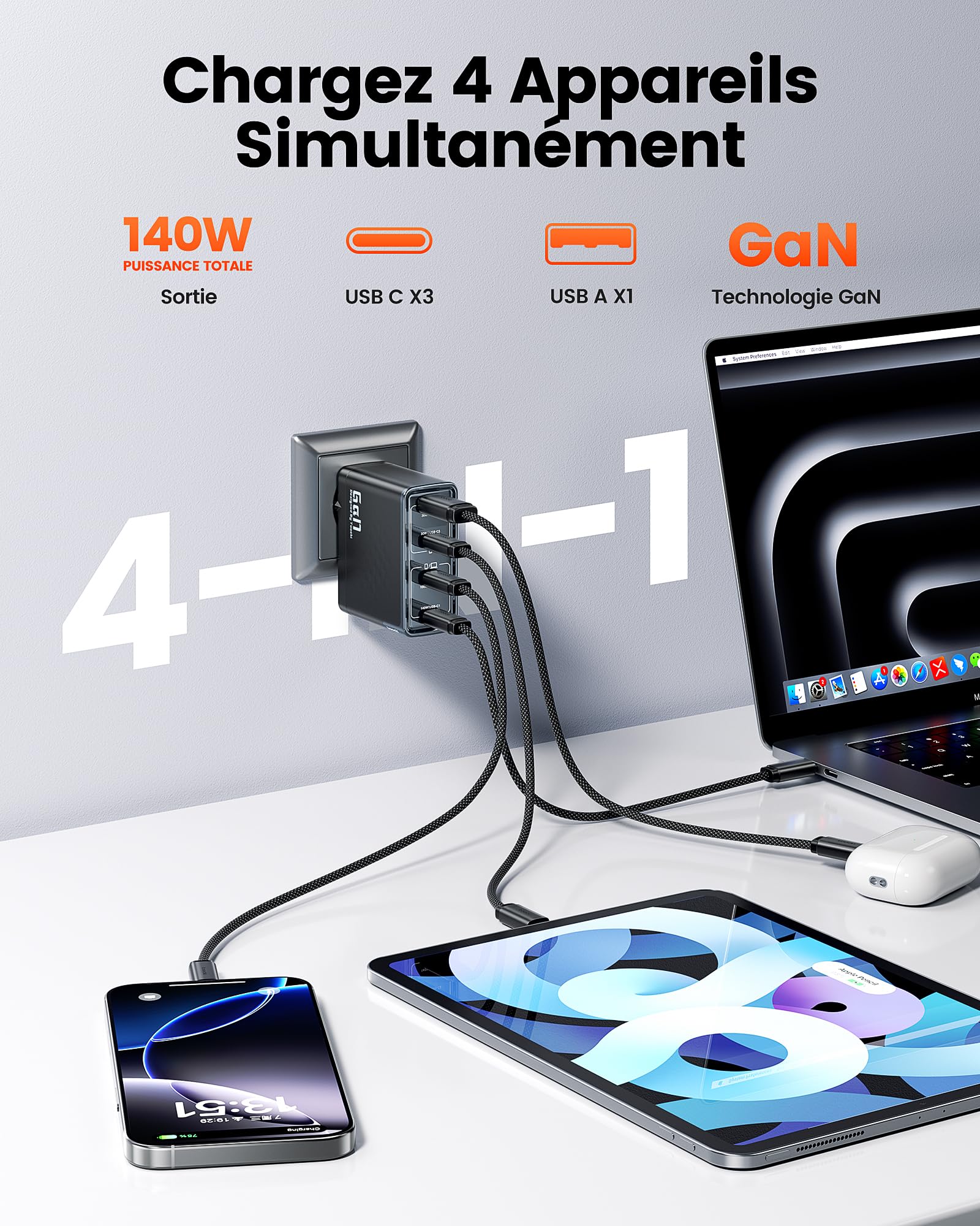 toocki Chargeur GaN 140W USB C, 4 Ports, PD 3.1, avec Câble Charge Rapide