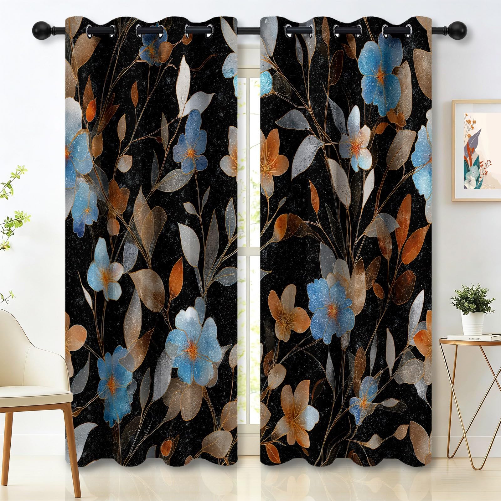 Generisch Natur Landhausstil Verdunkelungsvorhang, Aquarell Blume Blatt Bedruckter Wärmeisoliert Vorhänge mit Ösen, Schwarz Vorhang für Schlafzimmer Wohnzimmer, H140 x B90 cm x 2 Vorhänge