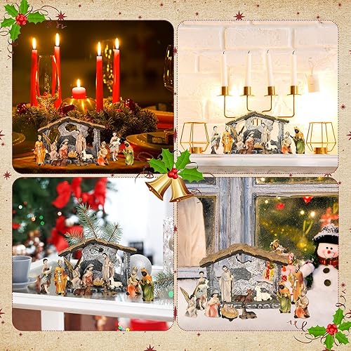 Miniatura 7 de Geetery El juego de pesebre de Navidad de dibujos animados incluye pesebre y figuritas de resina rústica, escena de pesebre colorida de Navidad,