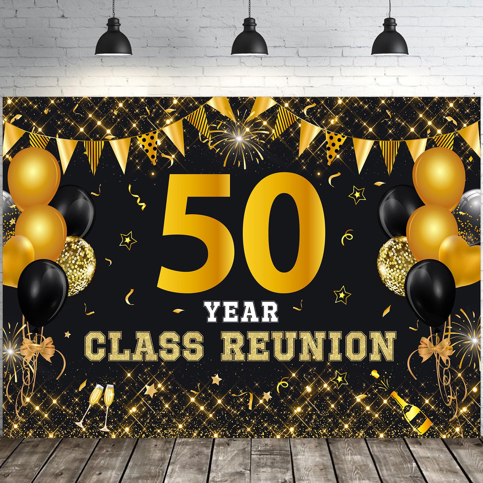 JOYMEMO 7x5ft 50 Year Class Reunion Backdrop - Black and Gold 50th School Reunion Decorations, Photography Background for Class of 1976 High School