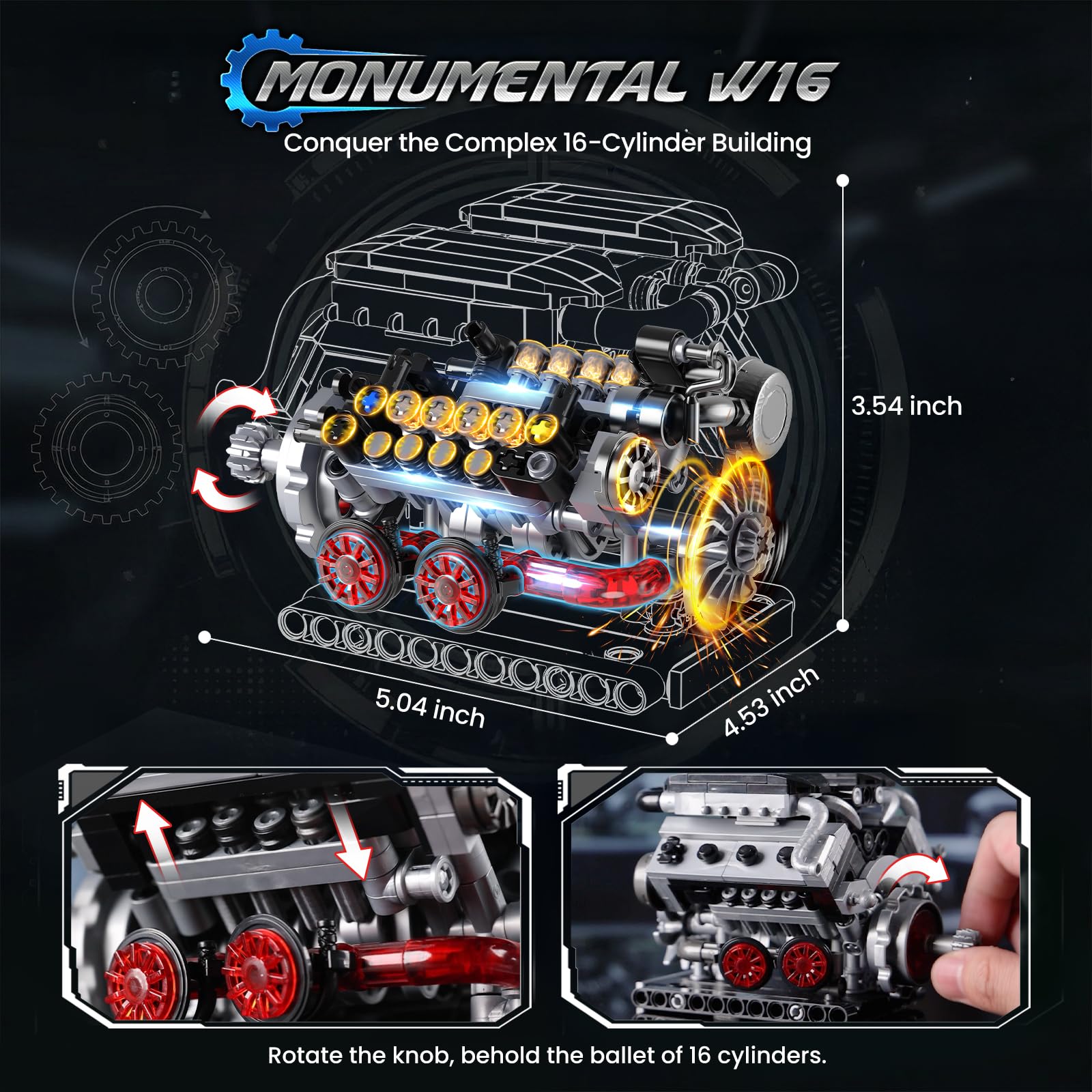 JMBricklayer Kit de Maquette de Moteur 3-en-1 qui Fonctionne, Kits Moteur V8 V12 W16 pour Adultes Adolescents, Jouet STEM Cadeau de Collection pour Passionnés d'Auto - 5