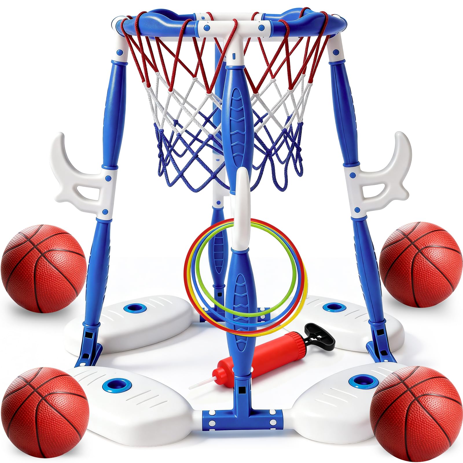 Photo 1 of 2-in-1 Floating Pool Basketball Hoop Toy Set with Hook Ring Toss Game - Includes 4 Basketballs & 12 Colorful Rings - Ultimate Pool Toy Gift Kids & Adults, Family Fun Outdoor Water Play Summer Party