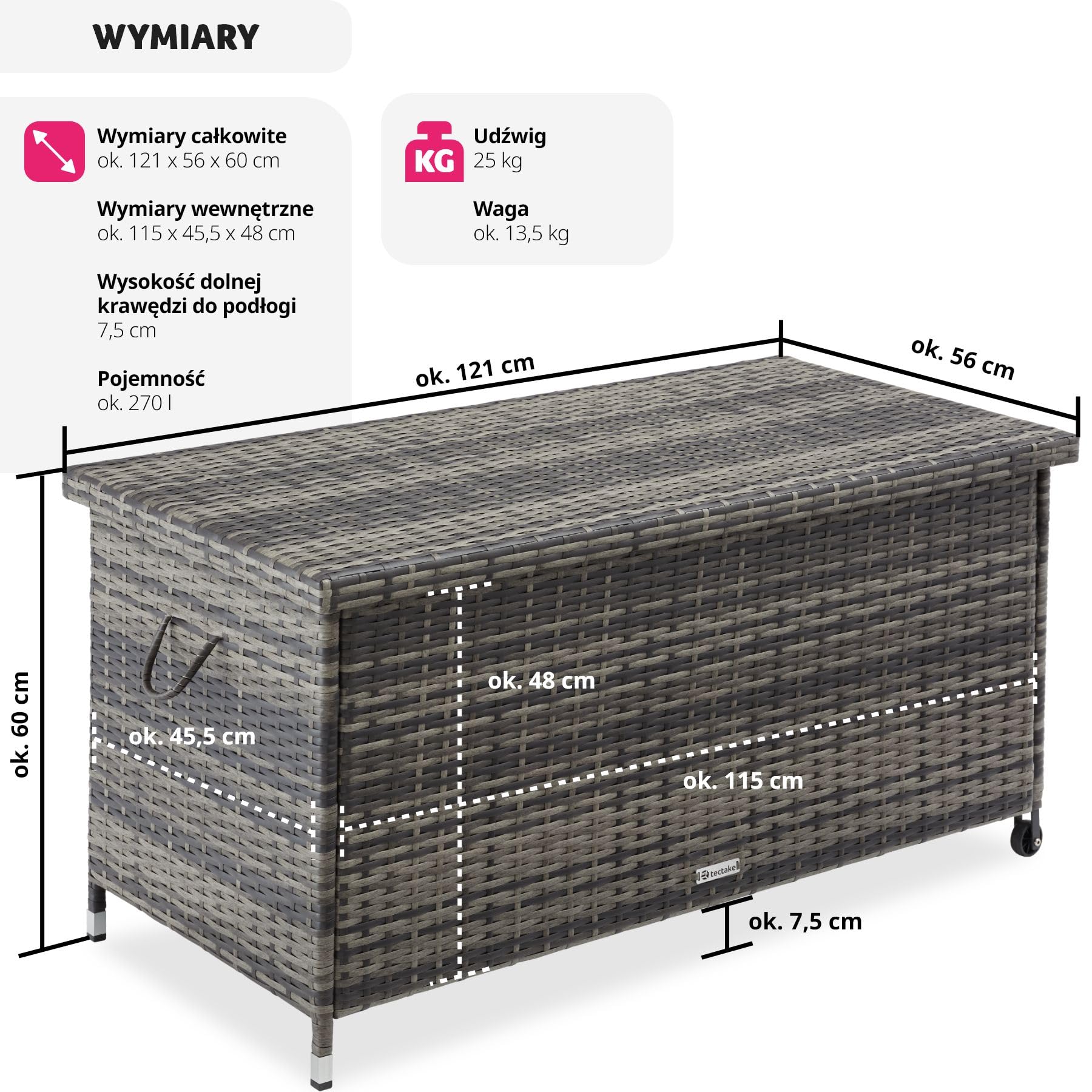 tectake® Uniwersalna Skrzynia Ogrodowa, Duża Pojemność 297l, 117x54x64cm, Trwała Plecionka z Polirattanu, Wytrzymała Rama z Aluminium, Wzmocniona Pokrywa z Systemem Sprężyny Gazowej (Szary)