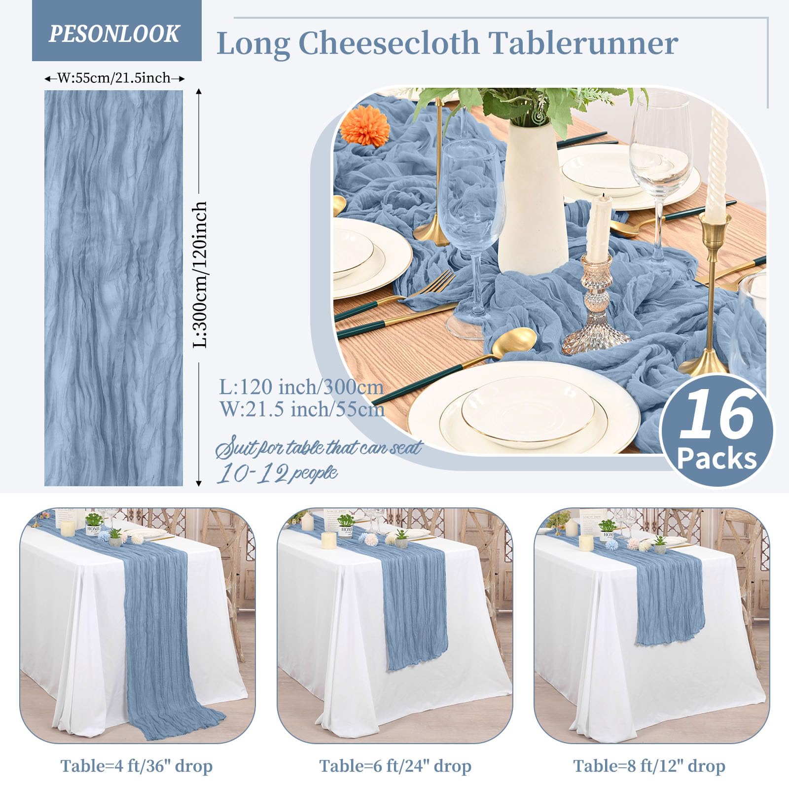 16 Pack Dusty Blue Cheesecloth Table Runner ,10ft Long Rustic Gauze Boho Table Runners for Wedding,Bridal Shower,Party,Banquet Decoration-21.5 x 120 Inch - Image 2