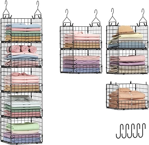 Sonyabecca Organizador de armario colgante de 5 niveles, estantes de almacenamiento de armario negros con cestas de alambre para ropa, bolsos,