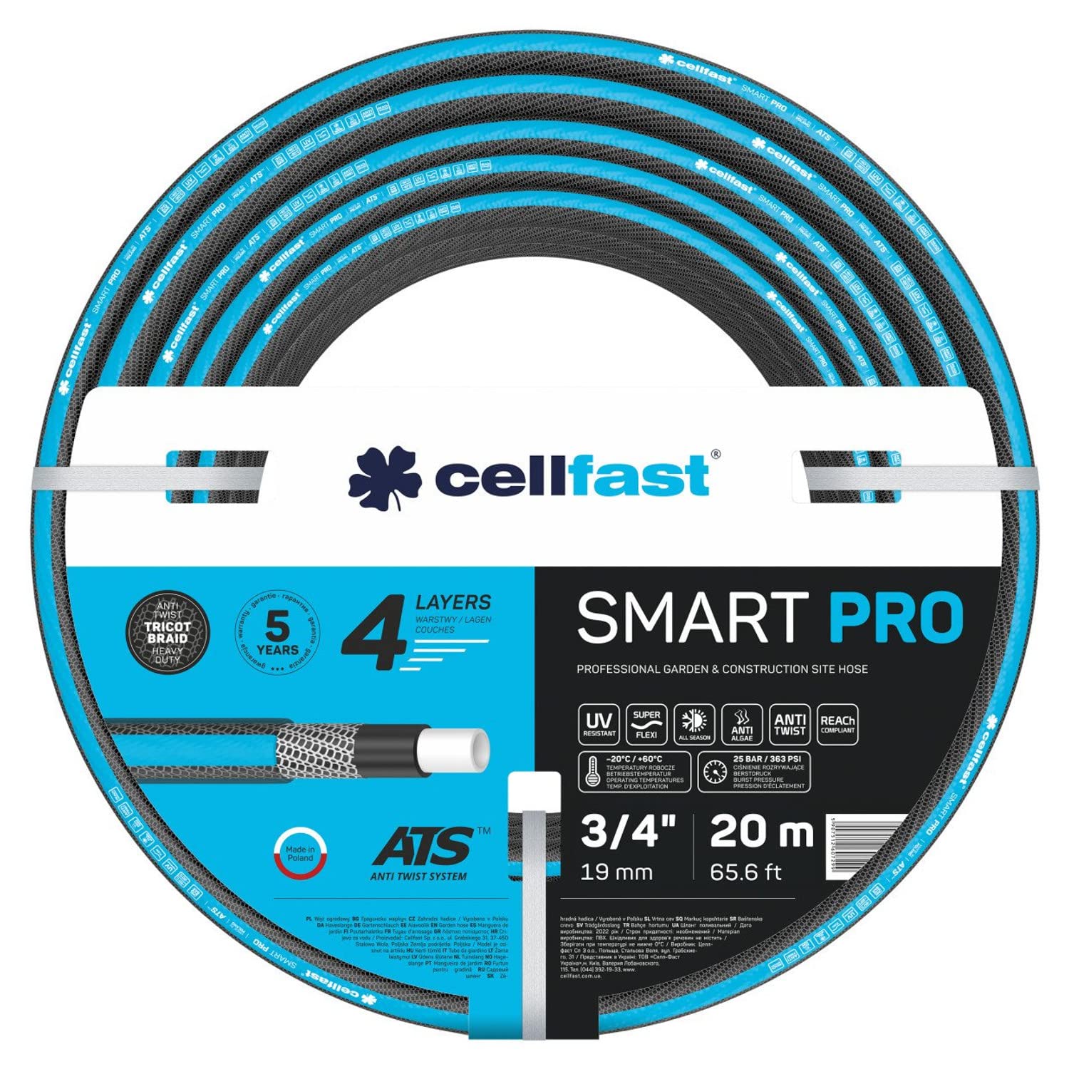Cellfast Wąż Ogrodowy Smart Pro ATS - 4-Warstwowy - Wytrzymały - 3/4" 20 m - Nawadnianie Ogrodu