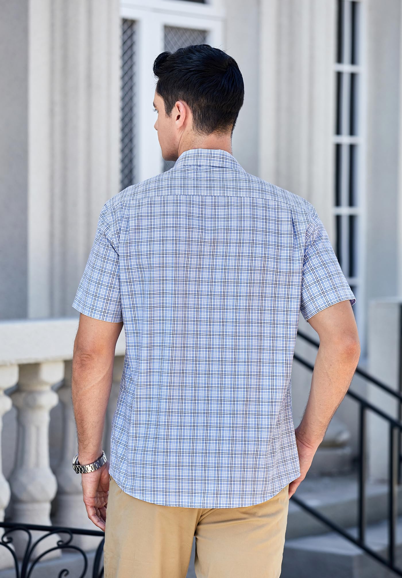 HISDERN Chemise Carreaux Homme Manches Courtes Boutonnées Décontractées Chemise été Travail Homme avec Poches Coupe Régulière