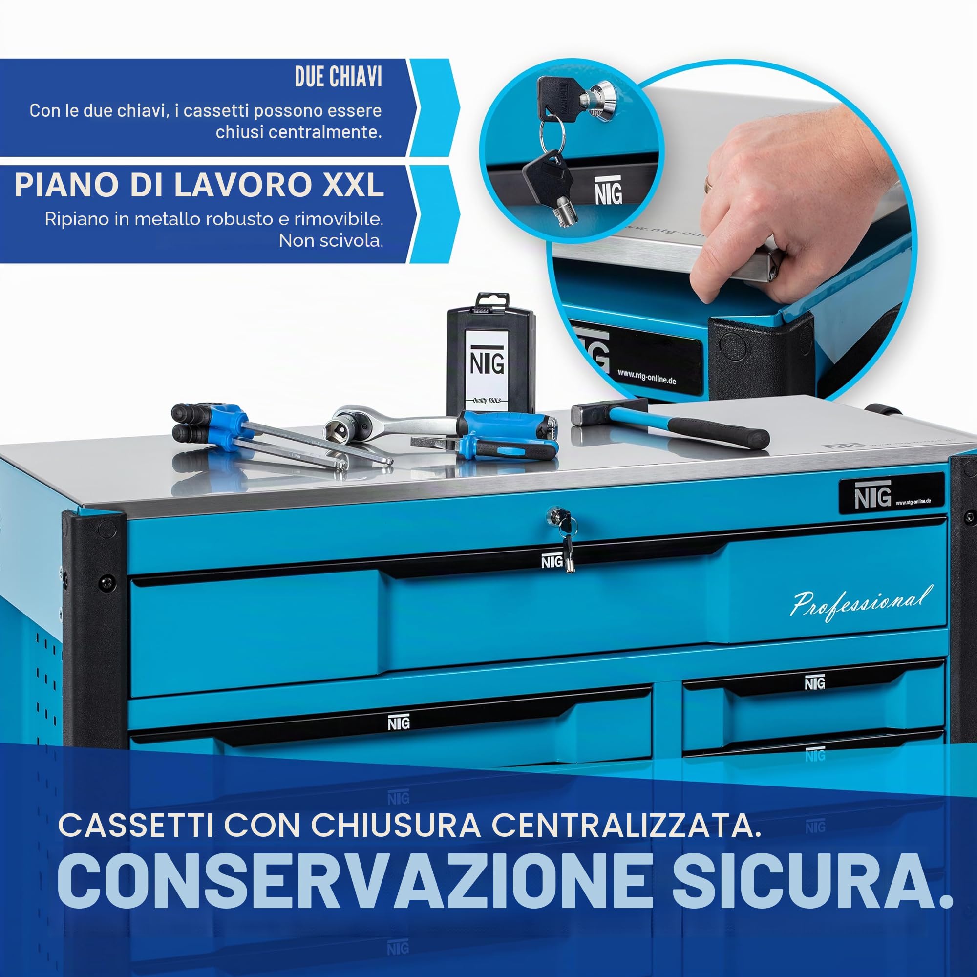 NTG Carrello portautensili XXL completo di utensili | 457 pezzi | +12 cassetti con serratura | 10 dei quali con utensili | Con inserti morbidi in carbon look | Carrello portautensili da officina