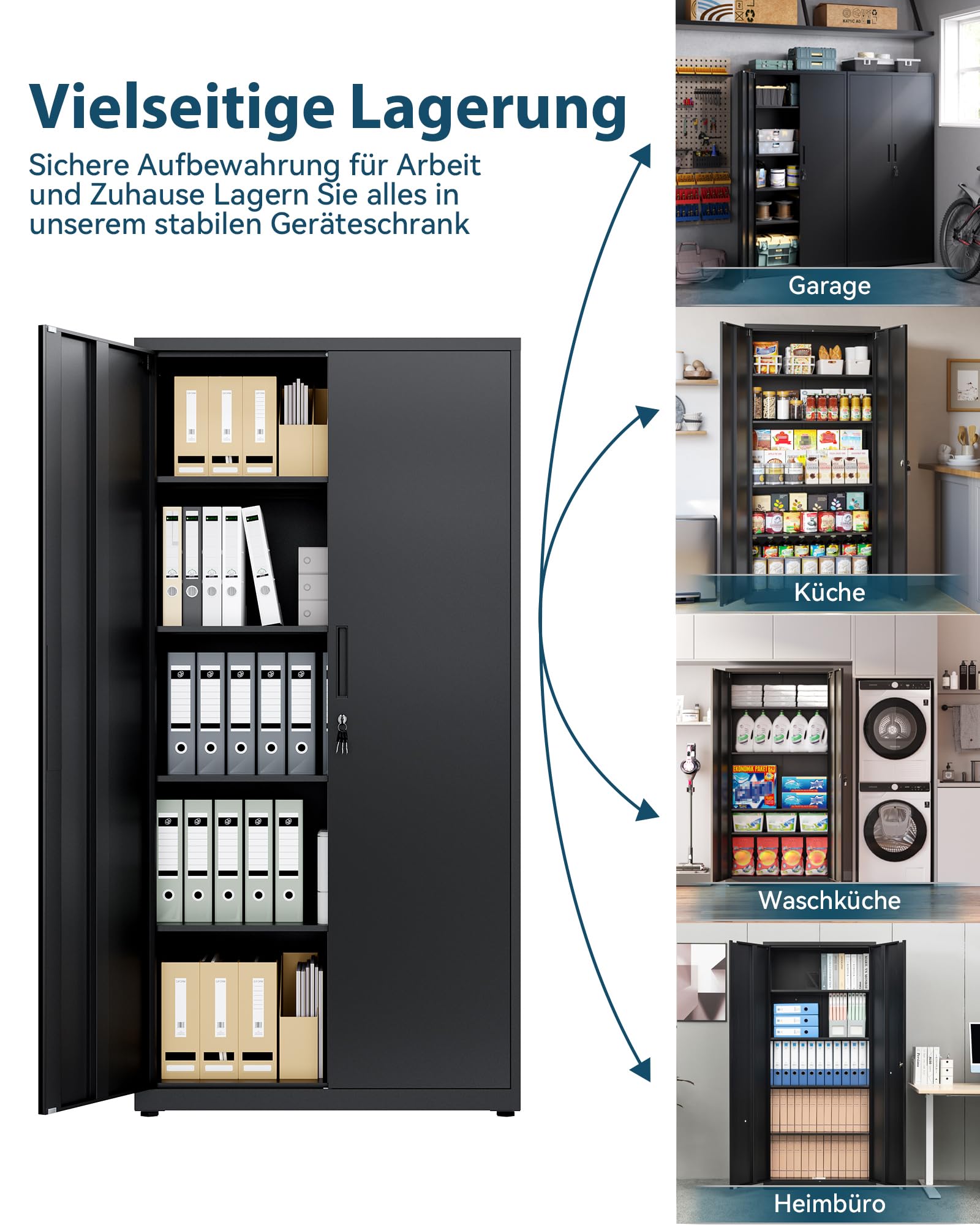 Aktenschrank, Mehrzweckschrank, Stahl-Aufbewahrungsschrank, 5 Ebenen Büroschrank, Werkstattschrank, 180 x 80 x 40 cm, Schwarz