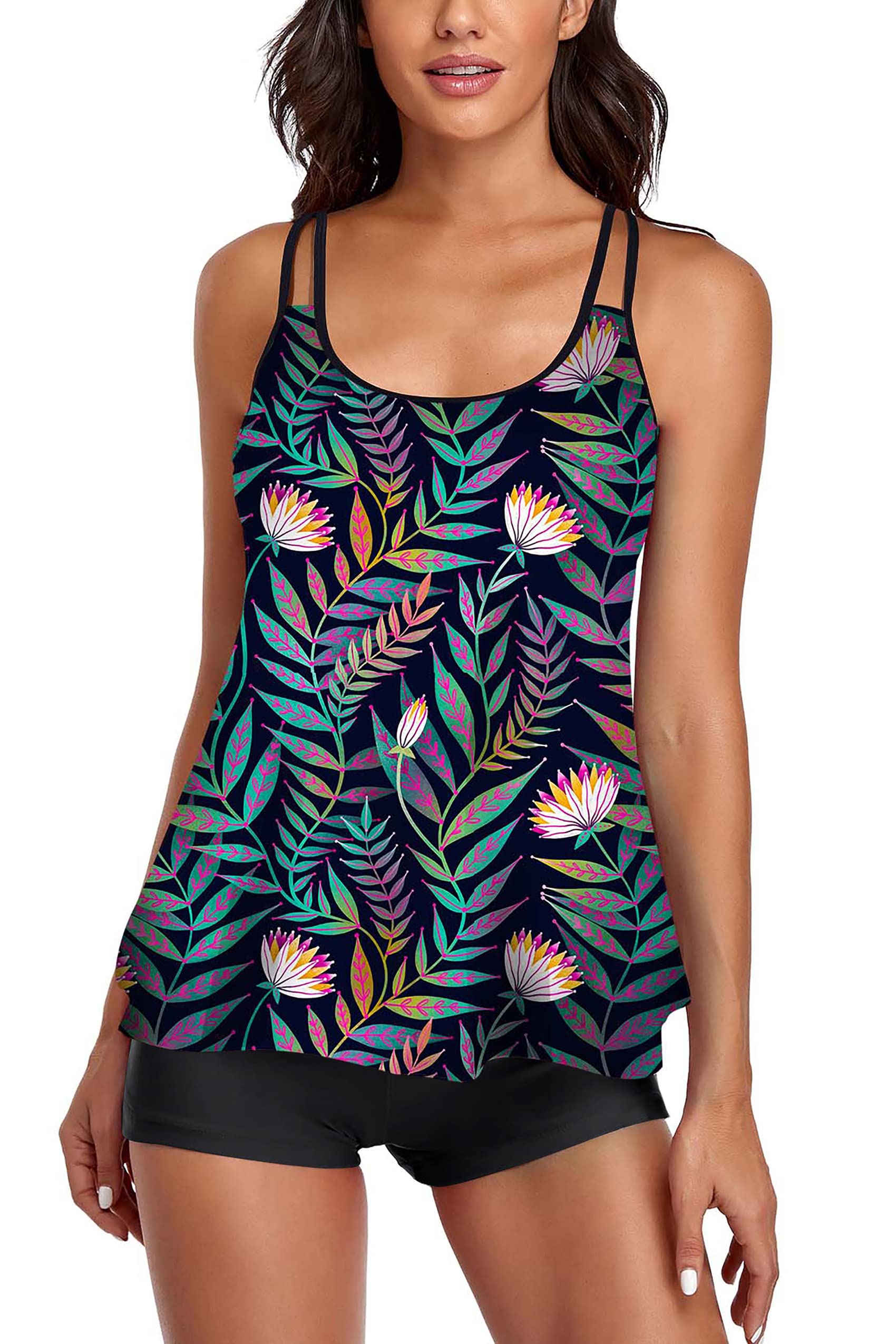 OmichicWomen's Bathing Suits Swimsuits Tankini Sets for Two Piece Blouson Tank Top with Boyshorts