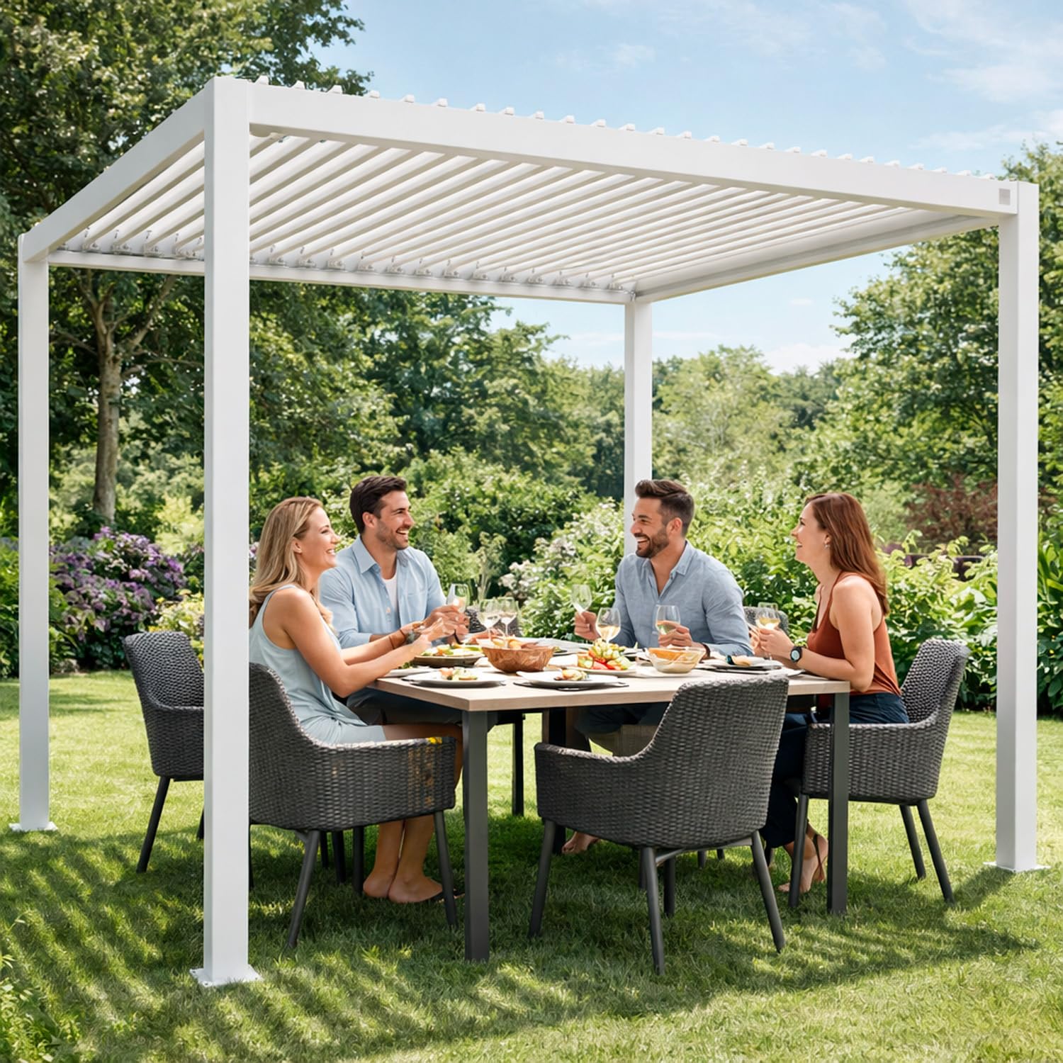 Pergola Bioclimatica 3x4 Metri Gazebo Con Tetto A Lamelle Orientabili Sistema Di Drenaggio Struttura In Alluminio E Acciaio Resistente Ai Raggi UV Per Giardino Terrazza E Piscina Bianco Opaco