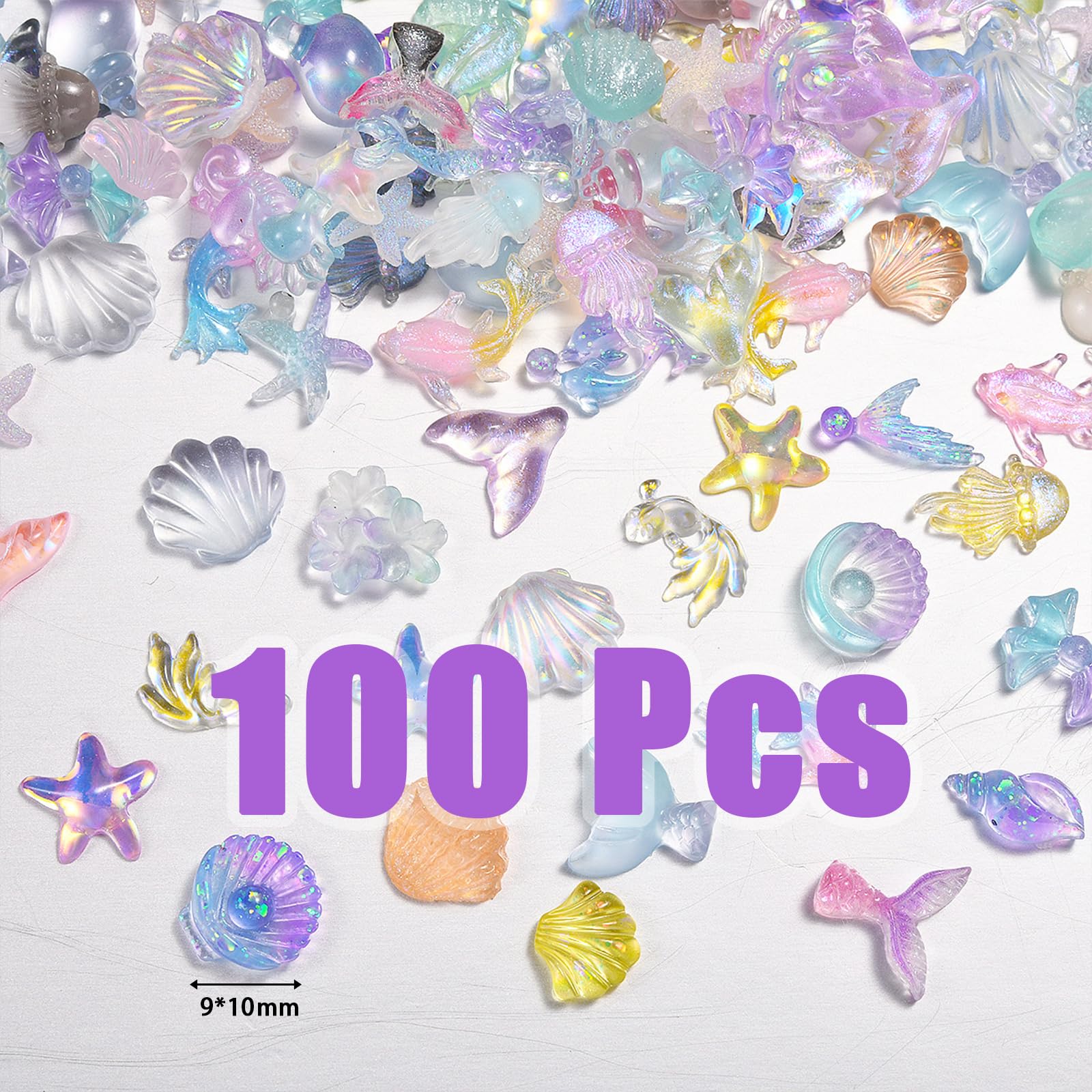 100PCS Summer Beach Nail Resin Charms Summer Ocean Theme Nail Rhinestone Diamonds 3D Starfish Charms for Nails Sea Shell Starfish Dolphin Fishtail Nail Gem for Women Nail Supplies Manicure Decoration