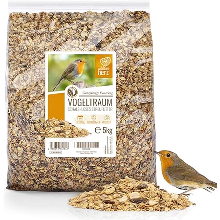 wildtier herz I Vogeltraum Schalenlos - Premium Vogelfutter 5kg, Wildvogelfutter Schalenfrei, Ganzjahresfutter mit Sonnenblumenkerne, Vogel Streufutter