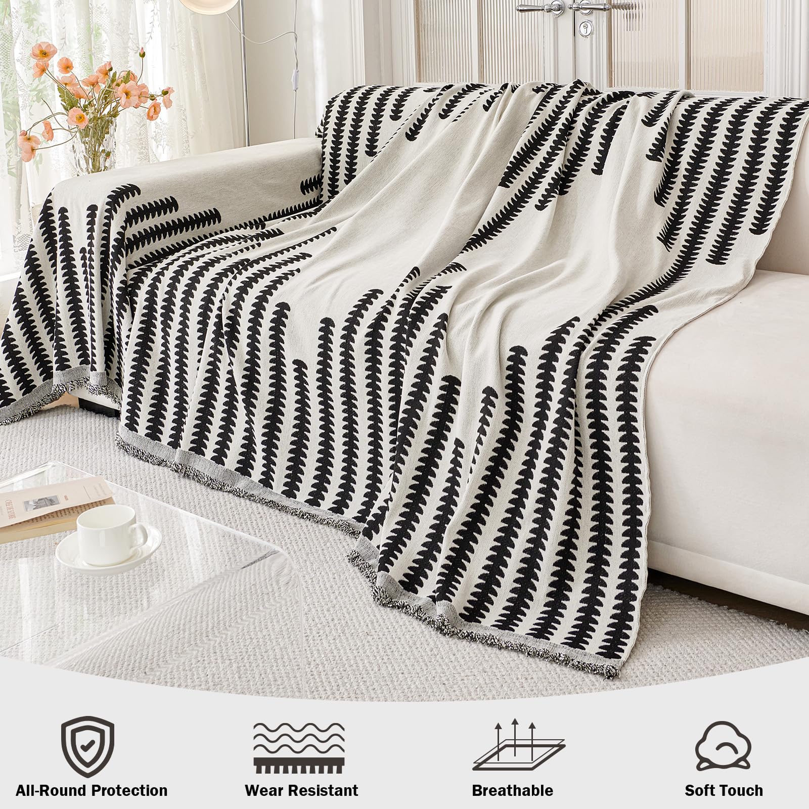 Royhom Black Sofa Cover 2 Seater, Corner Sofa Slipcovers L Shape, Washable Couch Cover with Tassel, Soft, Breathable - Image 2