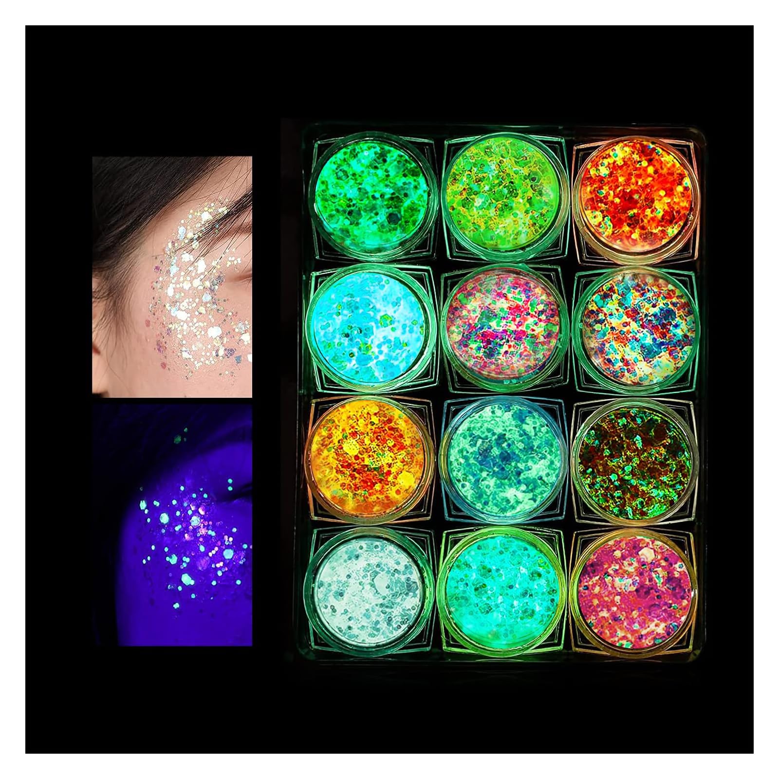 Fluorescente Paillettes, 12 Colori Glitter Corpo, Kit Polvere Glitterata, Glitter Cosmetic per Face Nails Occhi Labbra Capelli Corpo, per Festival Musicali, Halloween, Feste, Natale