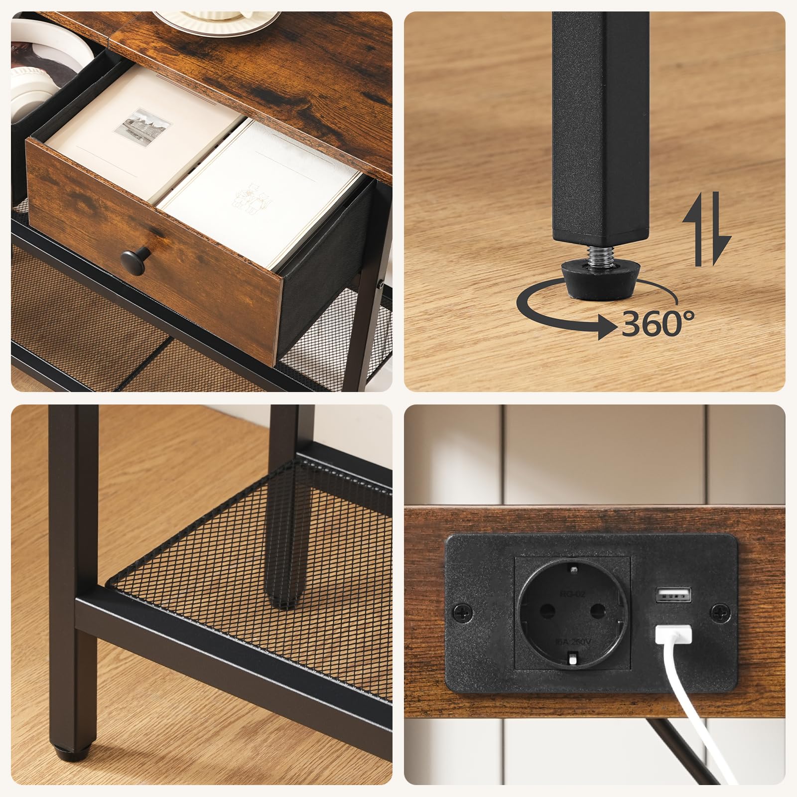 HOOBRO Mesa de Consola de 75 cm, Mesa de Entrada con Regleta, 2 Cajones de Tela, Estantes de Rejilla Metálicas, Expositor, para Entrada, Pasillo, Sala de Estar, Marrón Rústico y Negro EBF72CXG01