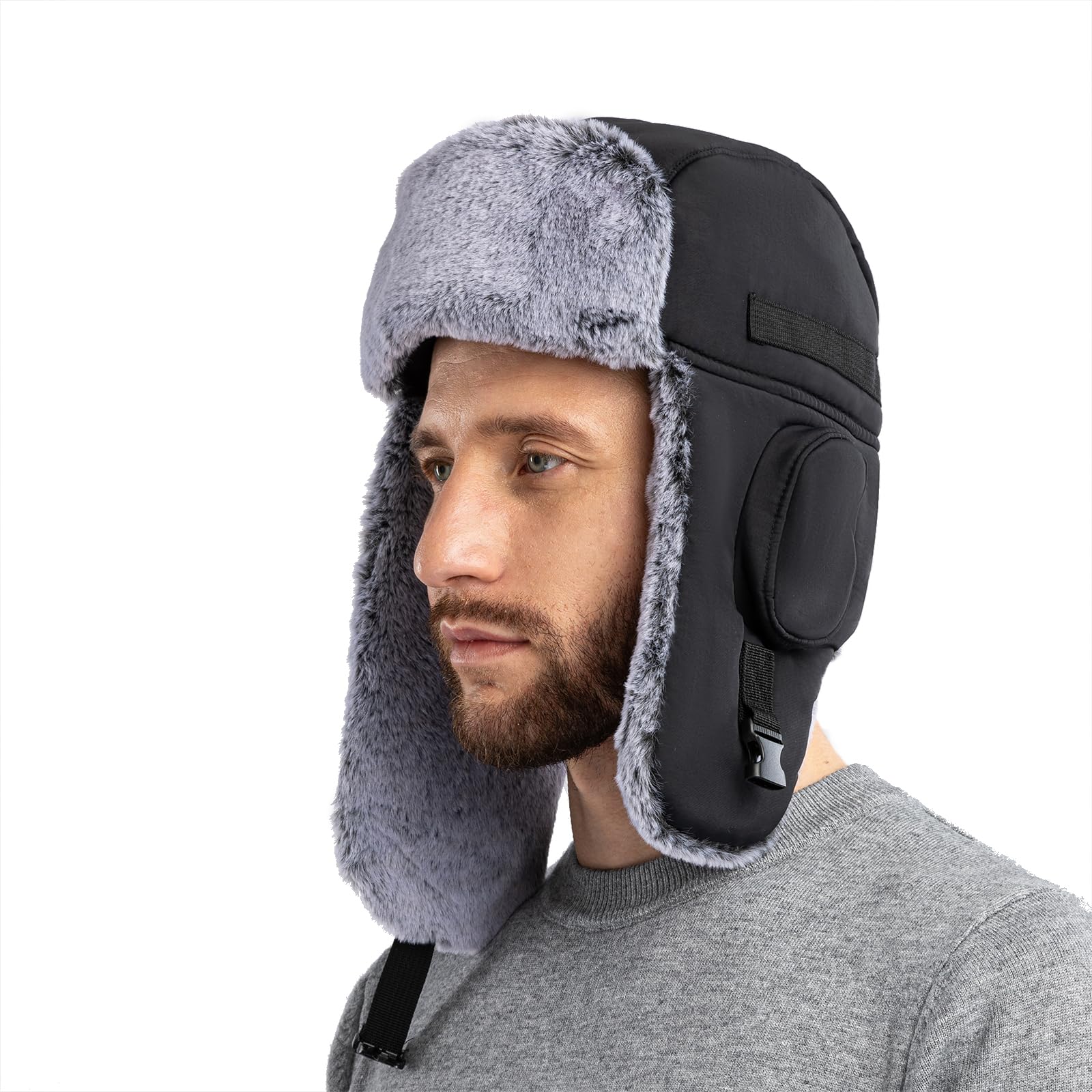 Zffxh Men's Black Trapper Hat, Earflap Fur Ushanka Russian Bomber Hat Warm Winter Thermal Trapper Trooper Hat