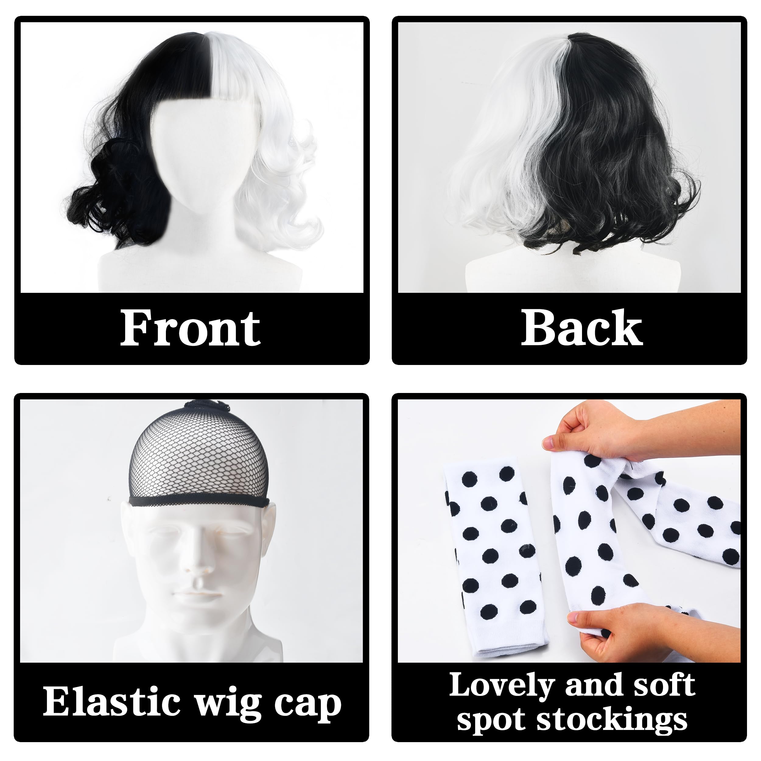 Abitoncc 5 PCS Deville Costume Wig Set,Black & White Wavy Curly Wig Kids Girls, Red Gloves, Spot Stockings - Image 3